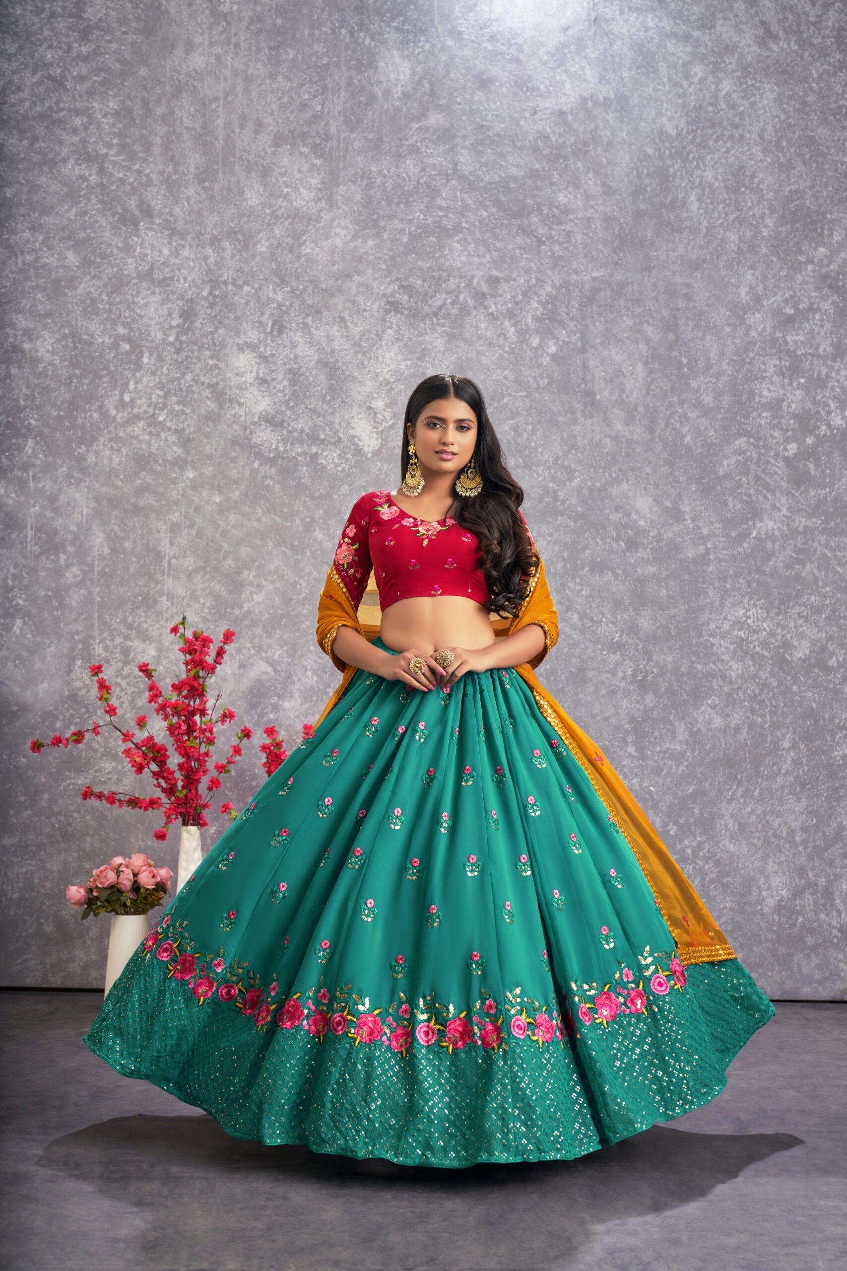Floral Fantasy Vibrant Firozi Blue Georgette Lehenga Choli with Threadwork and Sequin Embroidery