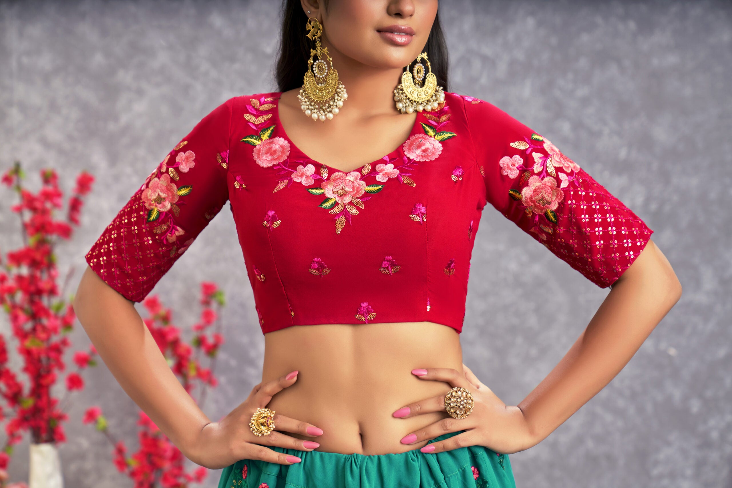 Floral Fantasy Vibrant Firozi Blue Georgette Lehenga Choli with Threadwork and Sequin Embroidery