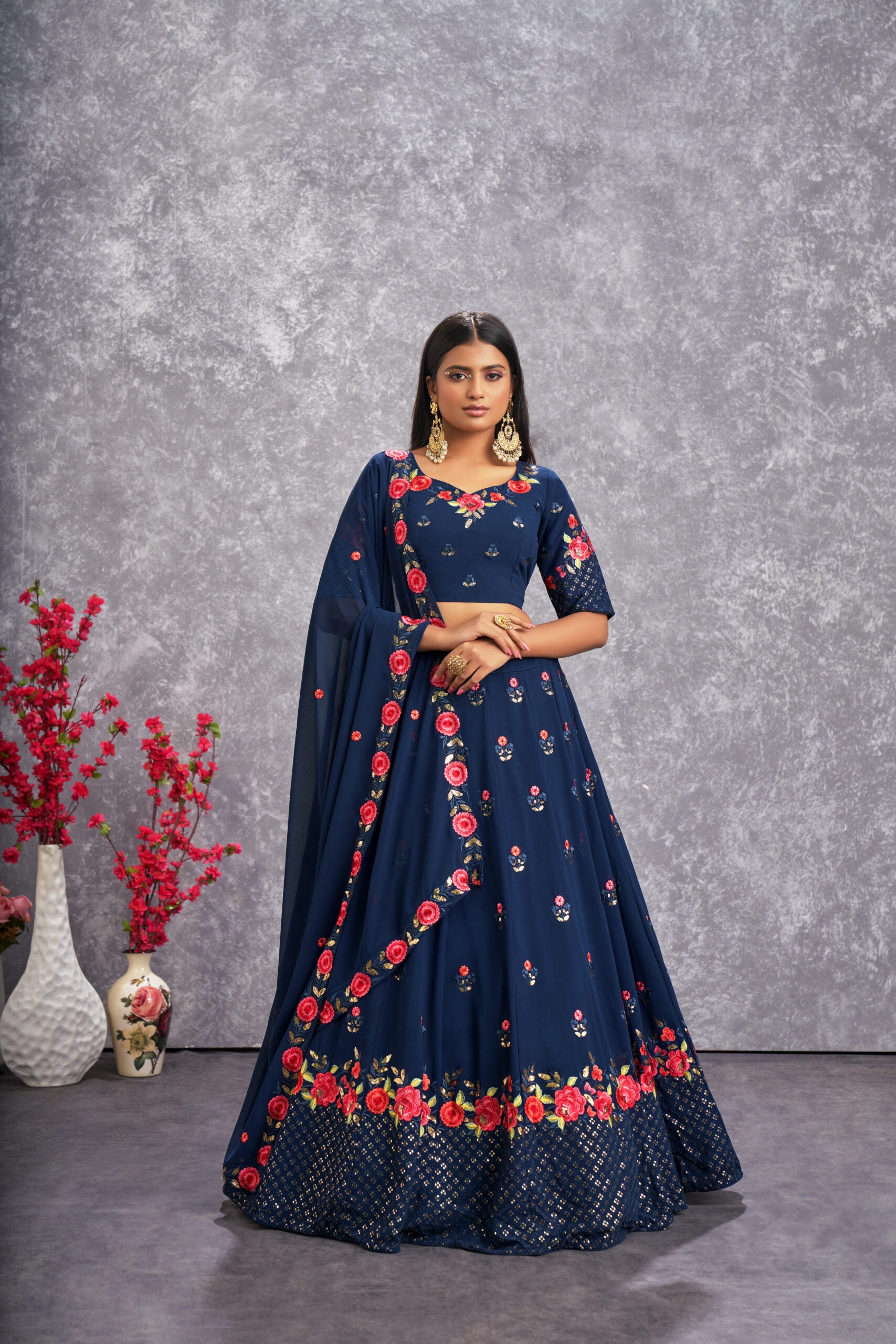 Tranquil Tropics Serene Teal Blue Georgette Lehenga Choli with Floral Threadwork