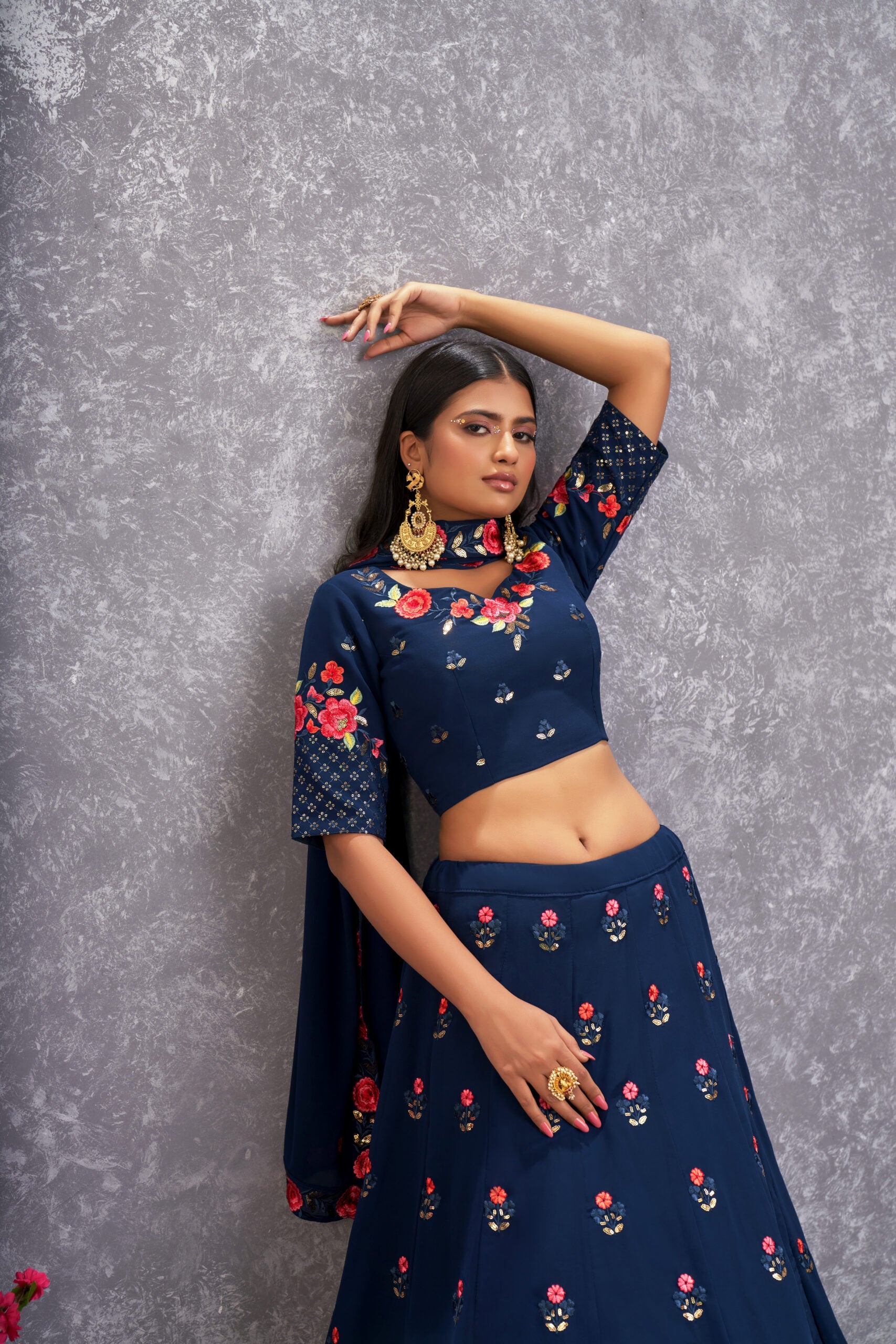 Tranquil Tropics Serene Teal Blue Georgette Lehenga Choli with Floral Threadwork