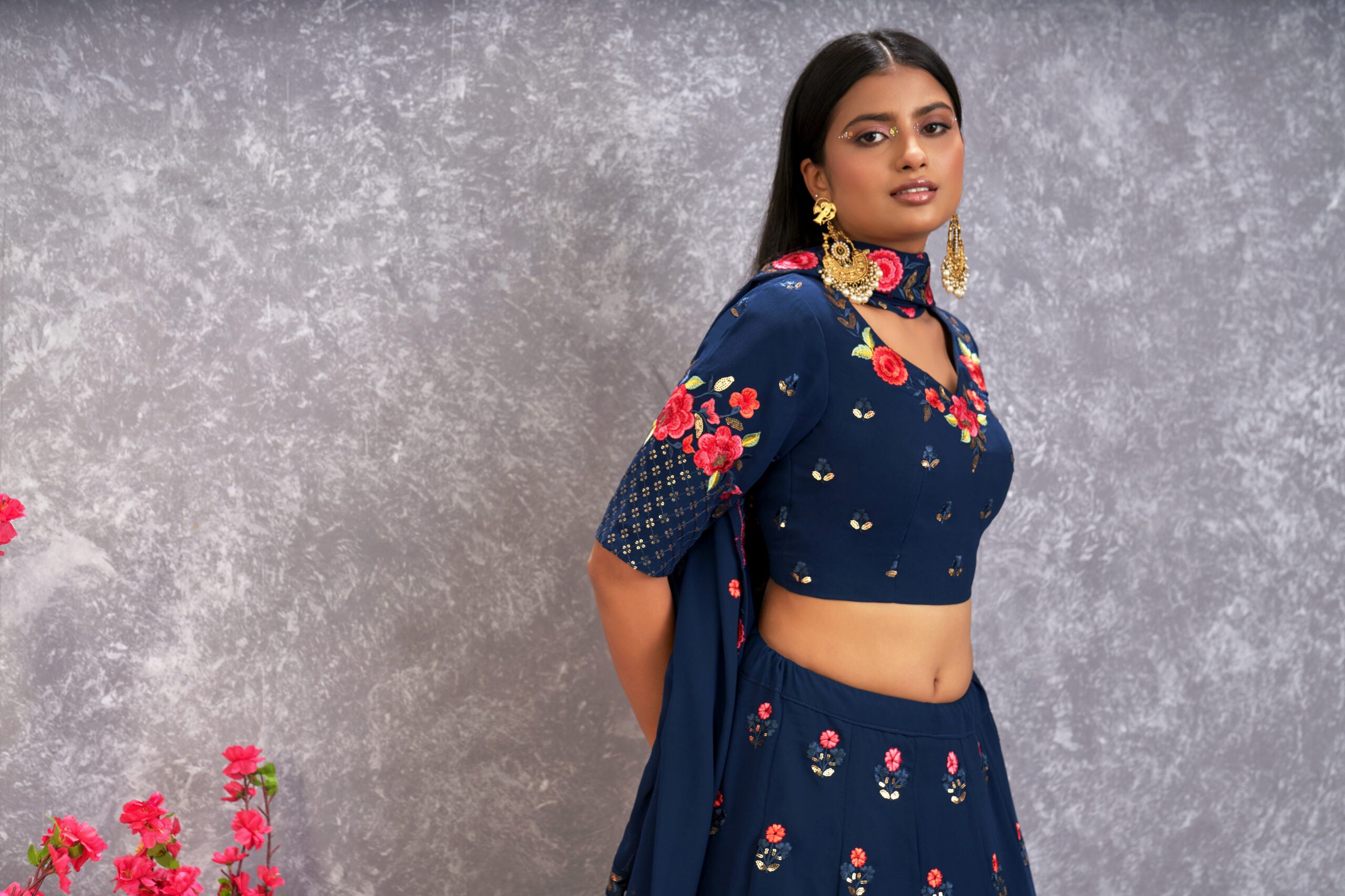 Tranquil Tropics Serene Teal Blue Georgette Lehenga Choli with Floral Threadwork