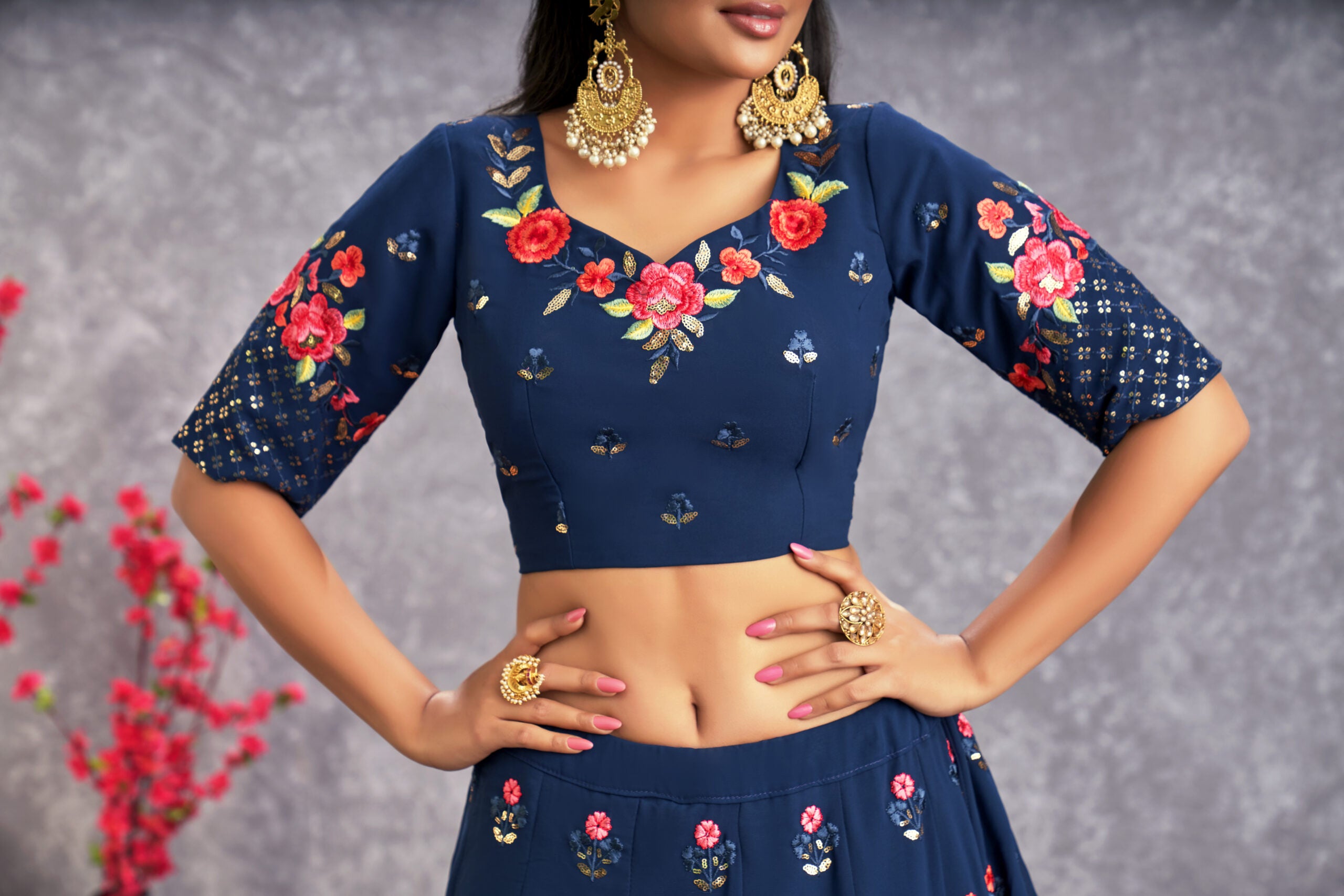 Tranquil Tropics Serene Teal Blue Georgette Lehenga Choli with Floral Threadwork