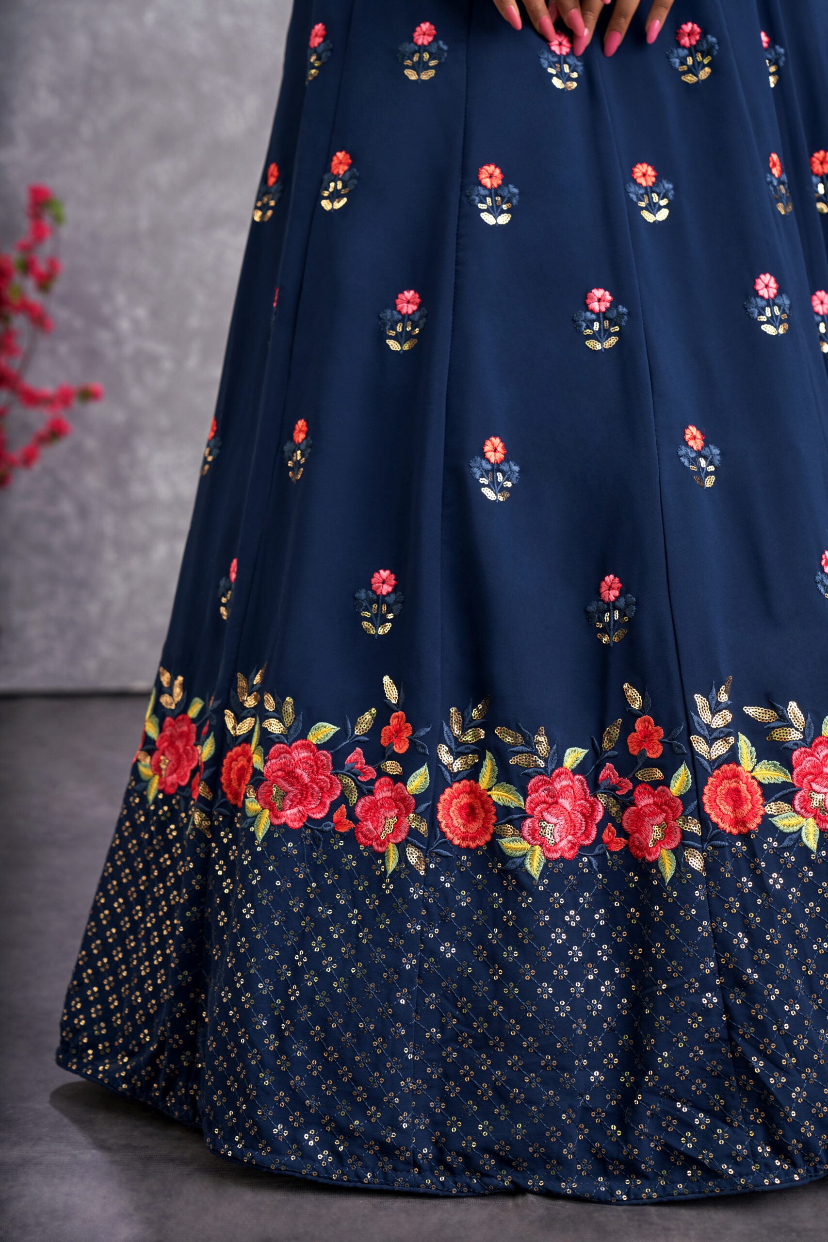 Tranquil Tropics Serene Teal Blue Georgette Lehenga Choli with Floral Threadwork