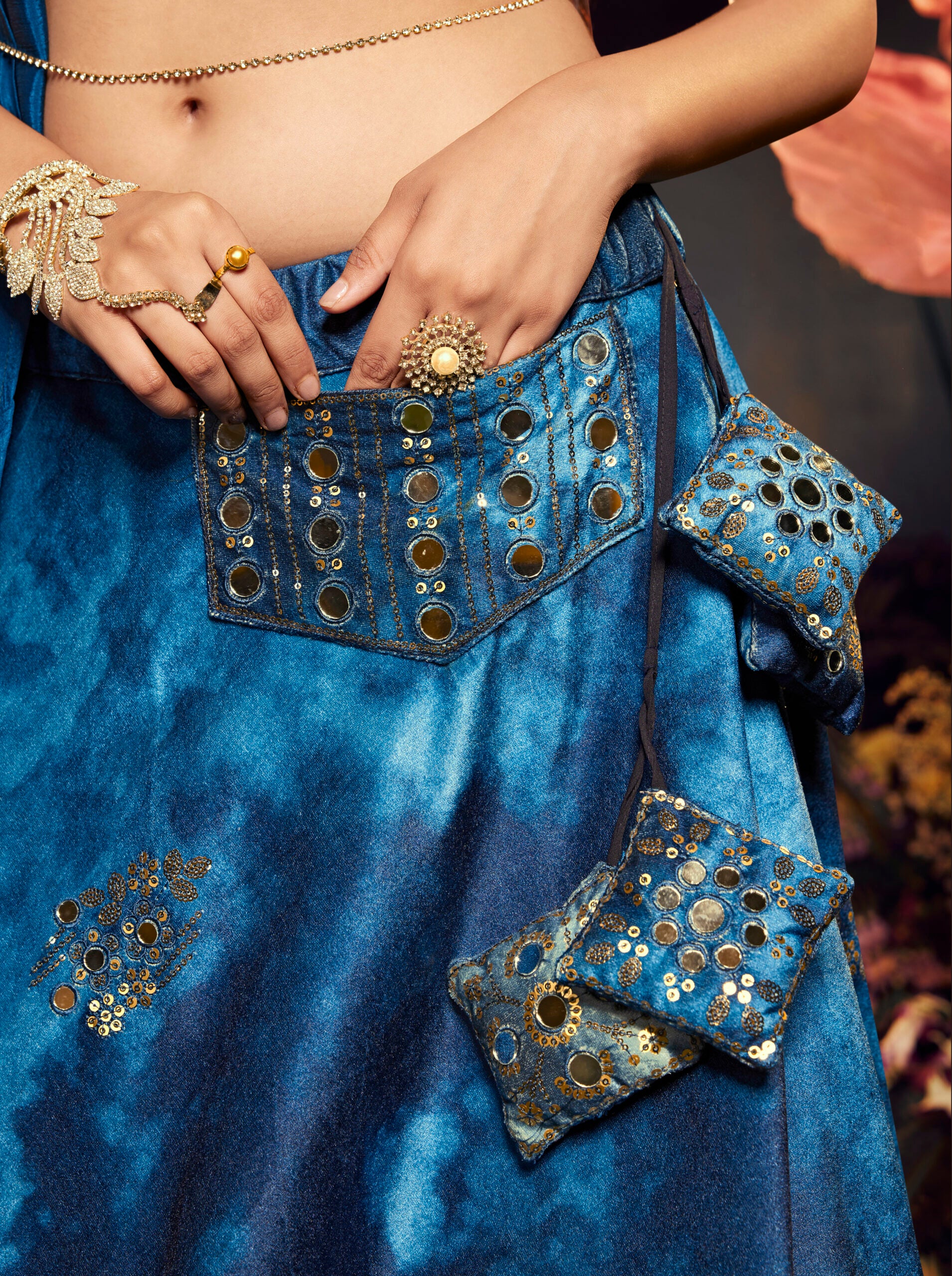 Sparkling Blue Shiburi Print Mirror Work Velvet Lehenga Choli
