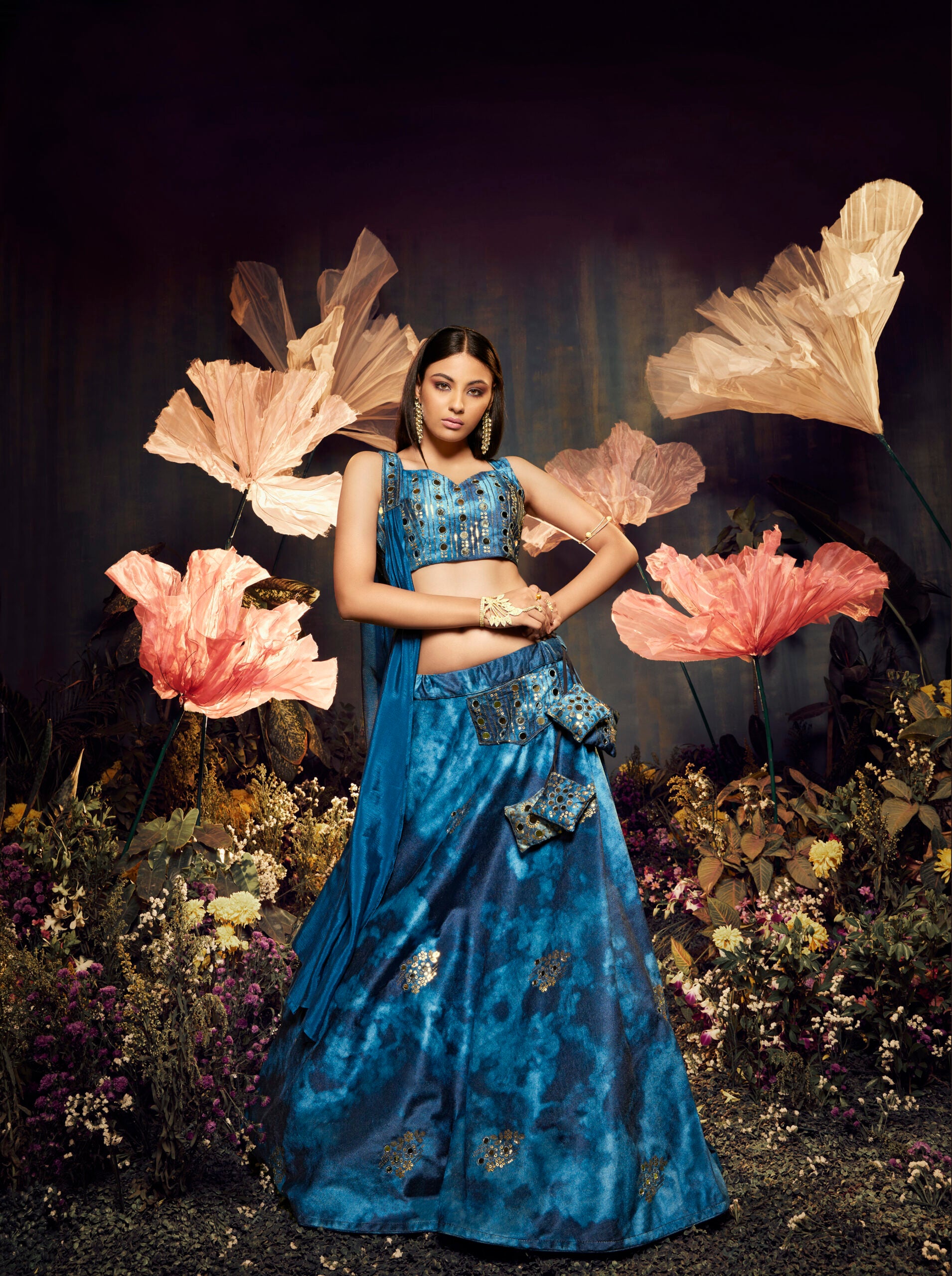 Sparkling Blue Shiburi Print Mirror Work Velvet Lehenga Choli
