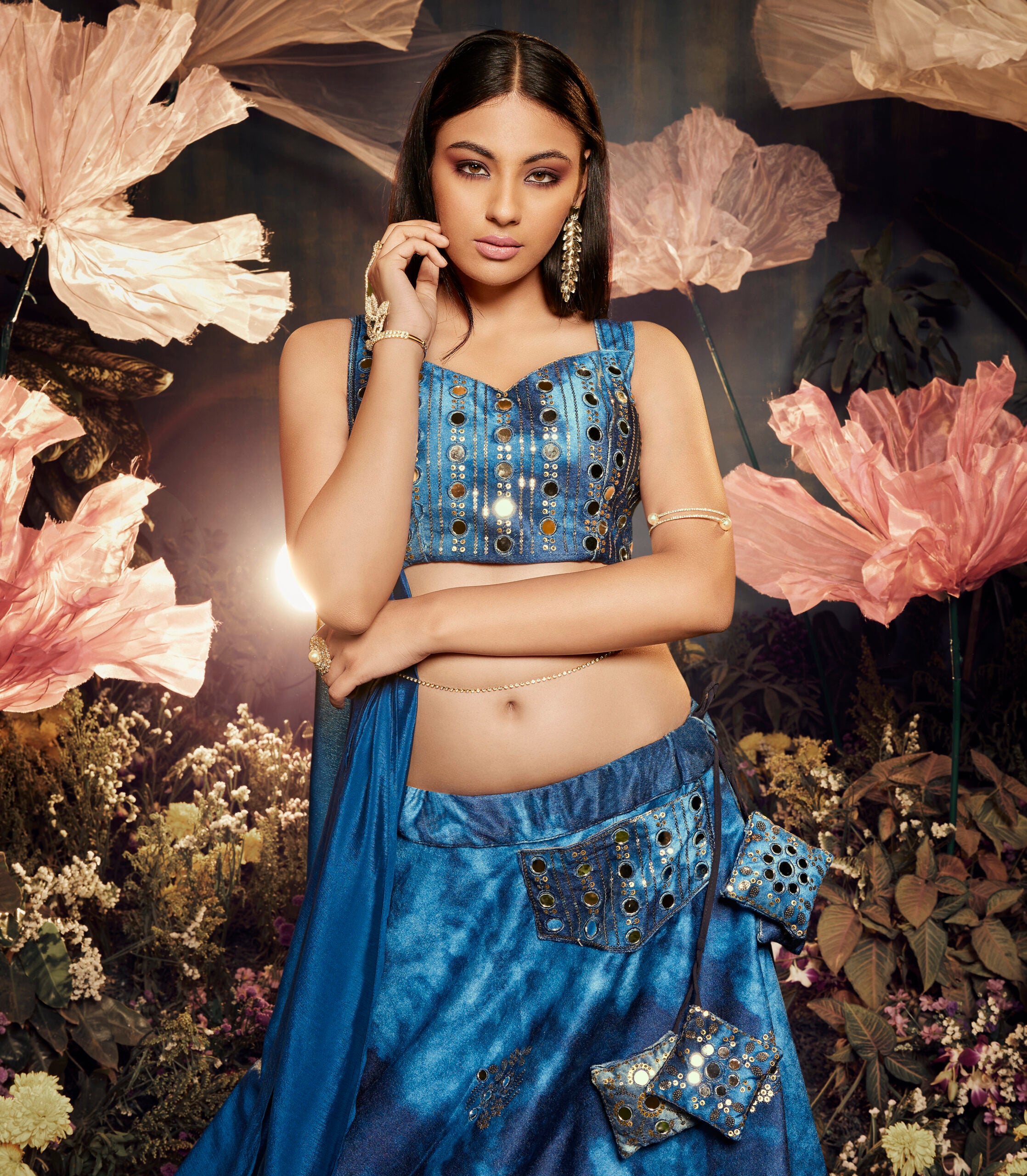 Sparkling Blue Shiburi Print Mirror Work Velvet Lehenga Choli