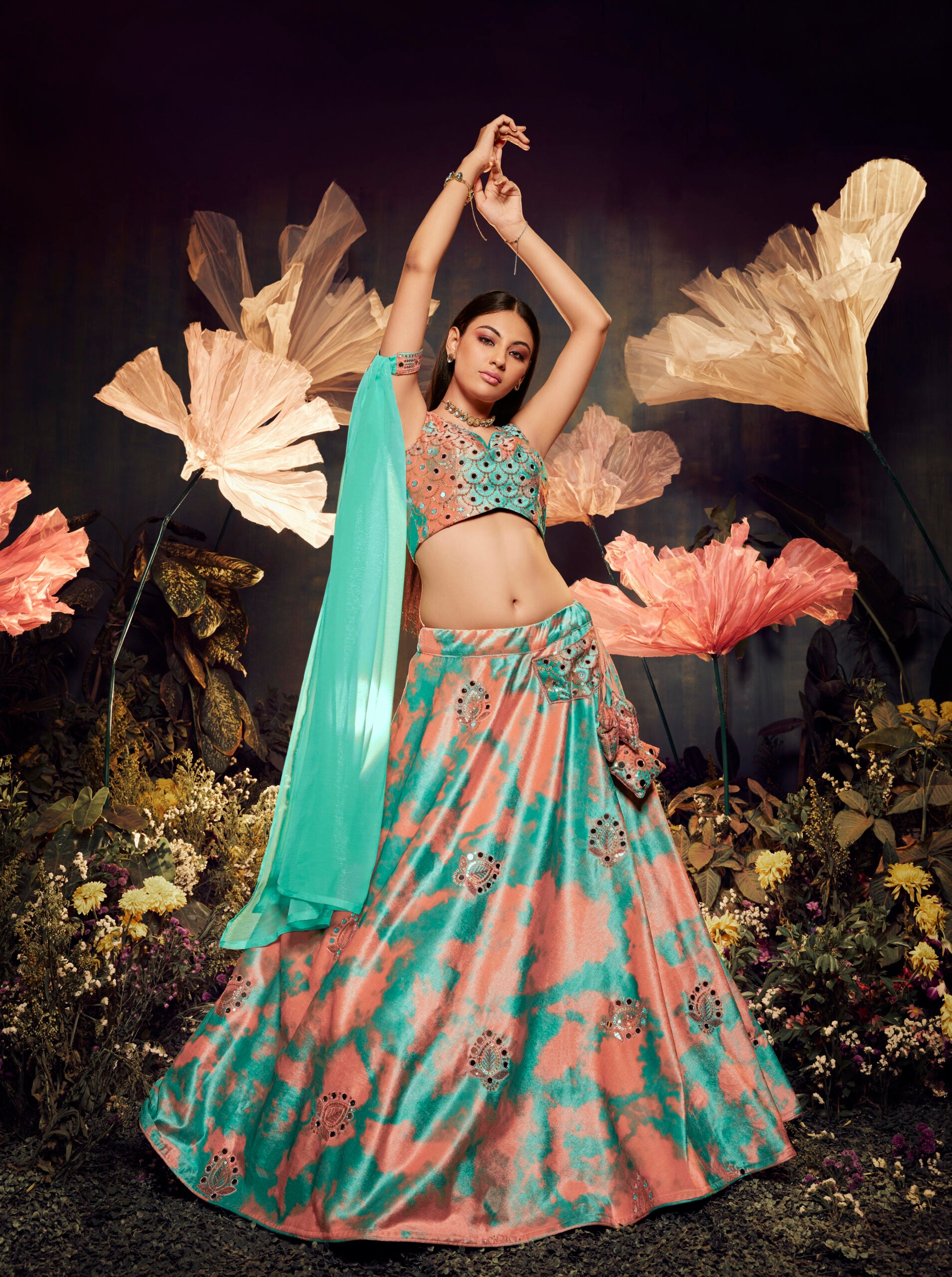 Turquoise And Orange Real Mirror Work Lehengha Choli