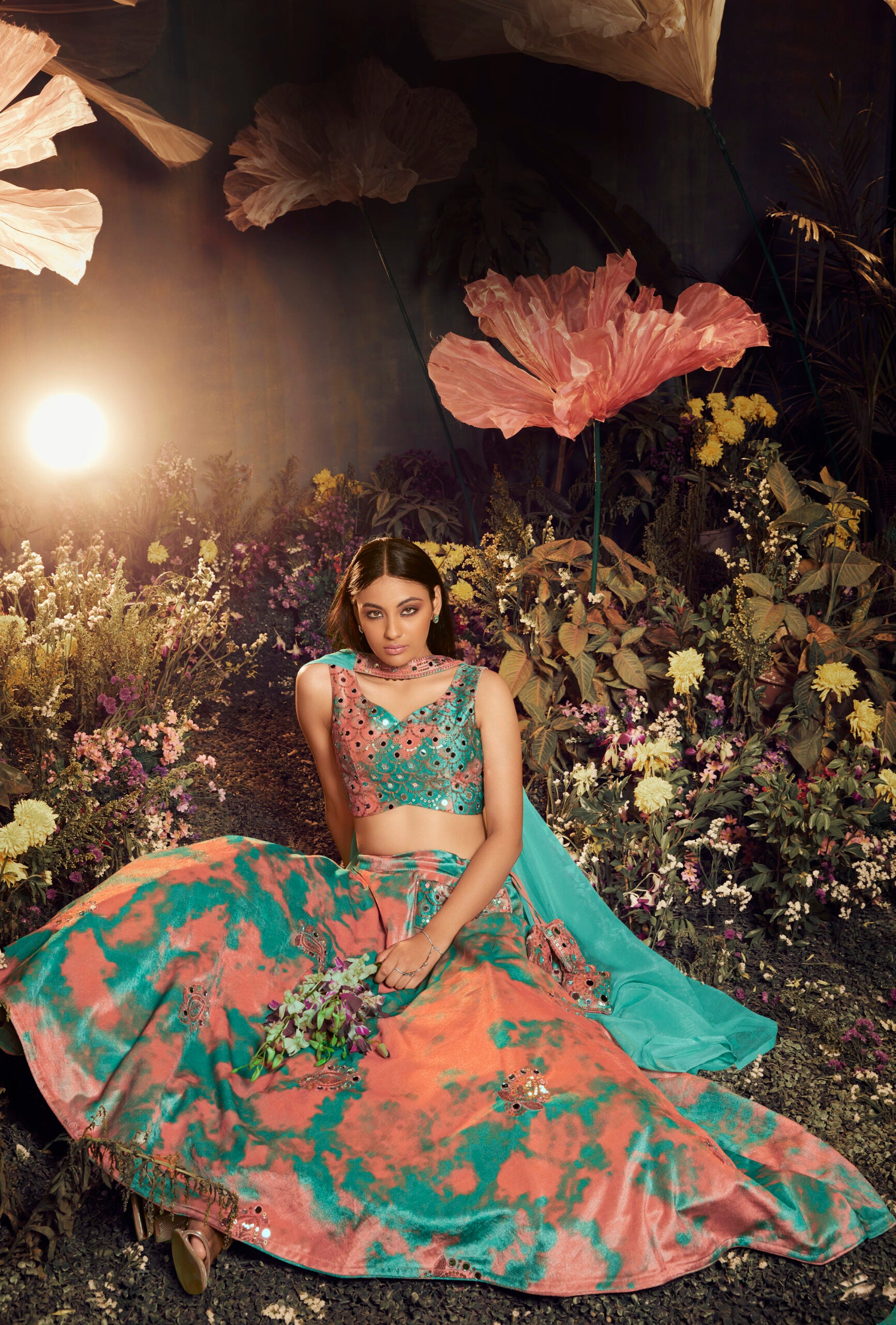 Turquoise And Orange Real Mirror Work Lehengha Choli