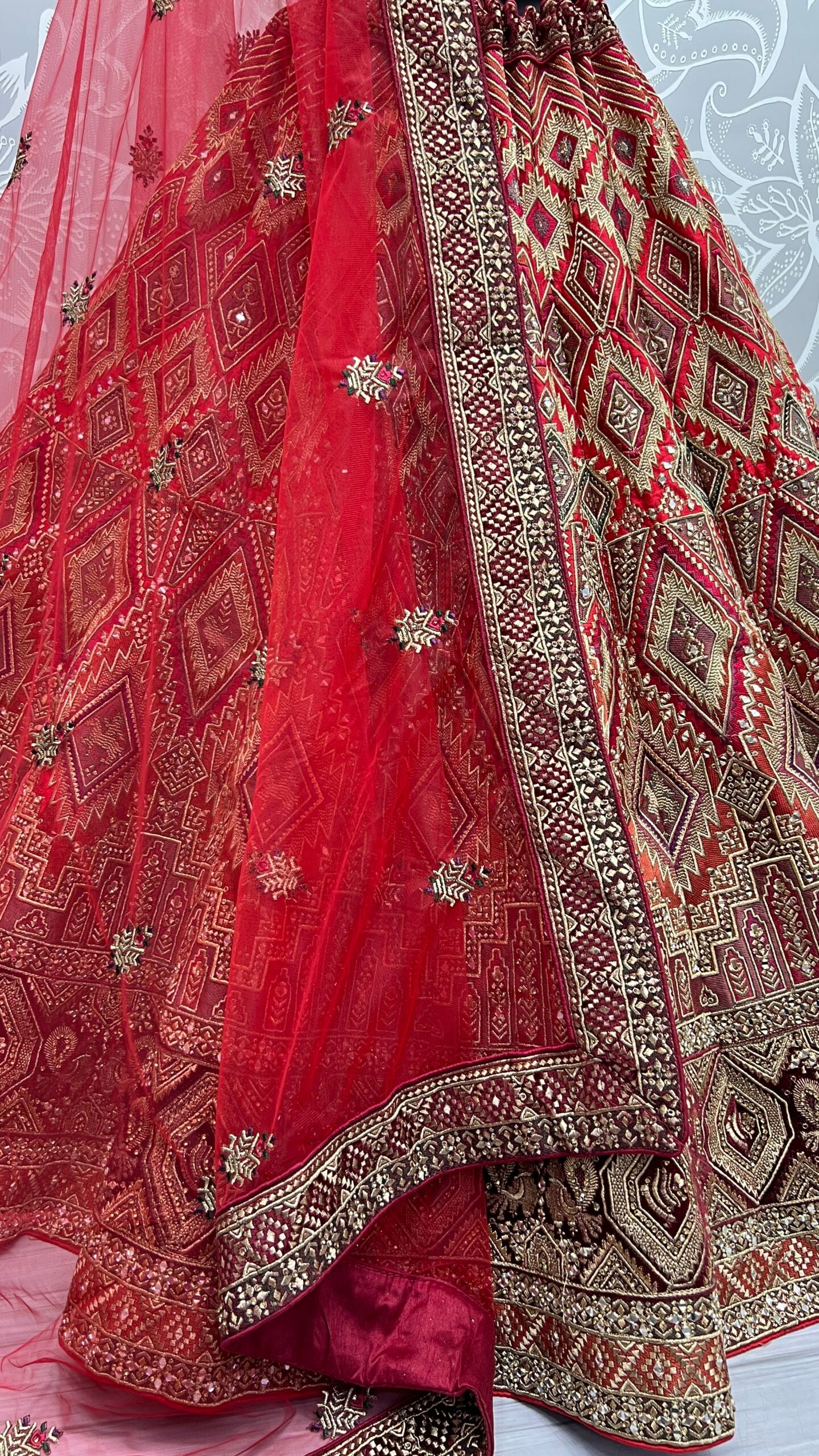 Red Silk Treasures Hand Mirror Work Bridal Lehengha Choli