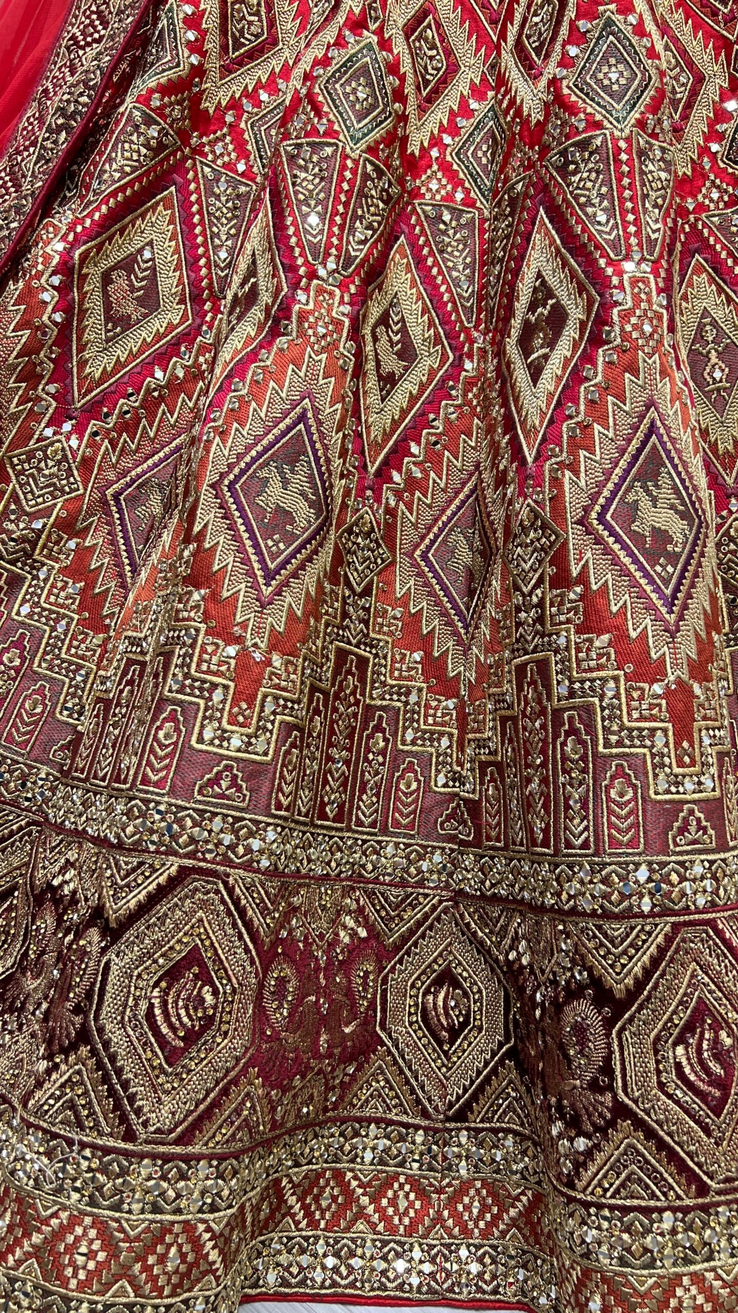 Red Silk Treasures Hand Mirror Work Bridal Lehengha Choli