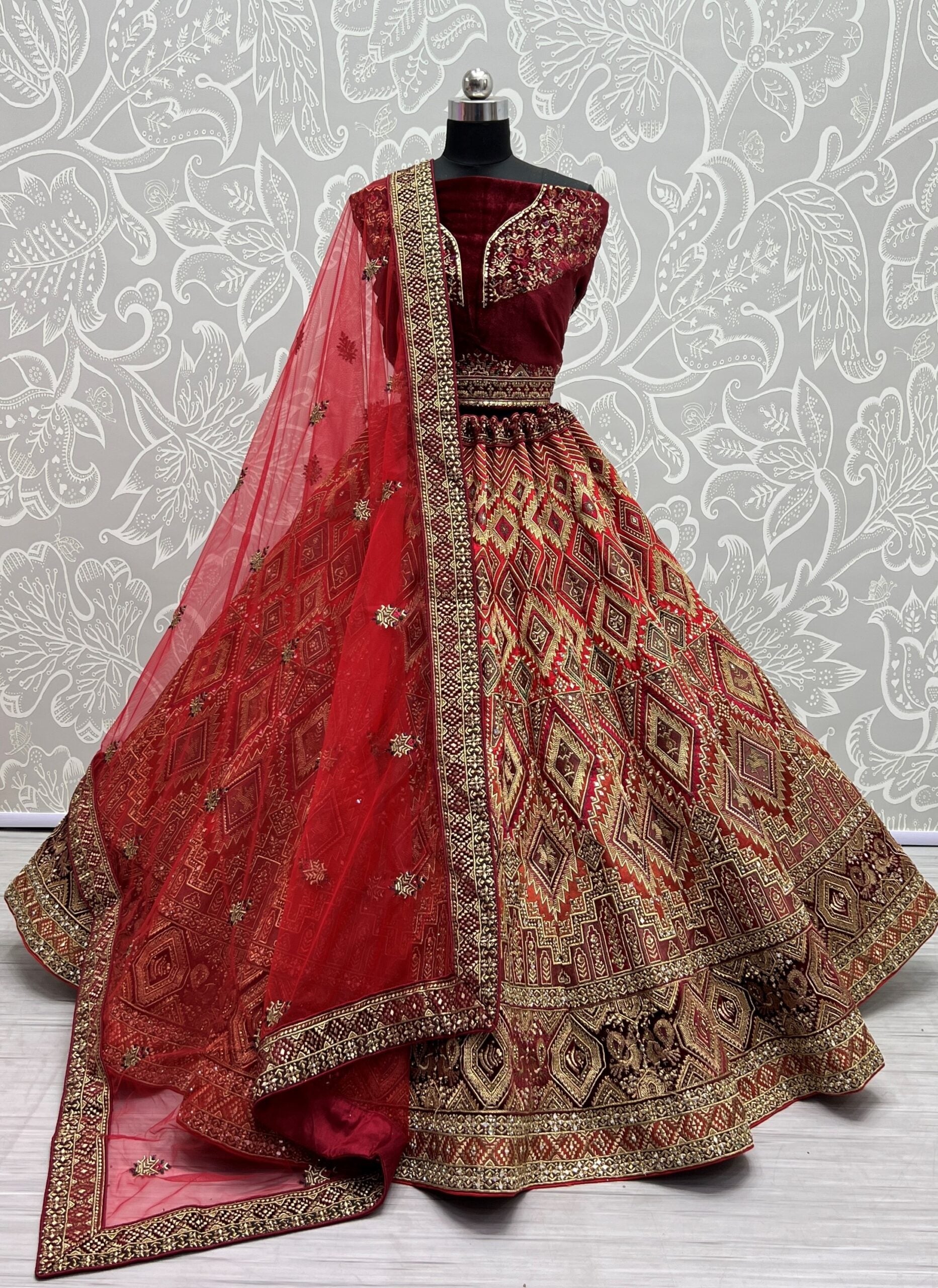 Red Silk Treasures Hand Mirror Work Bridal Lehengha Choli
