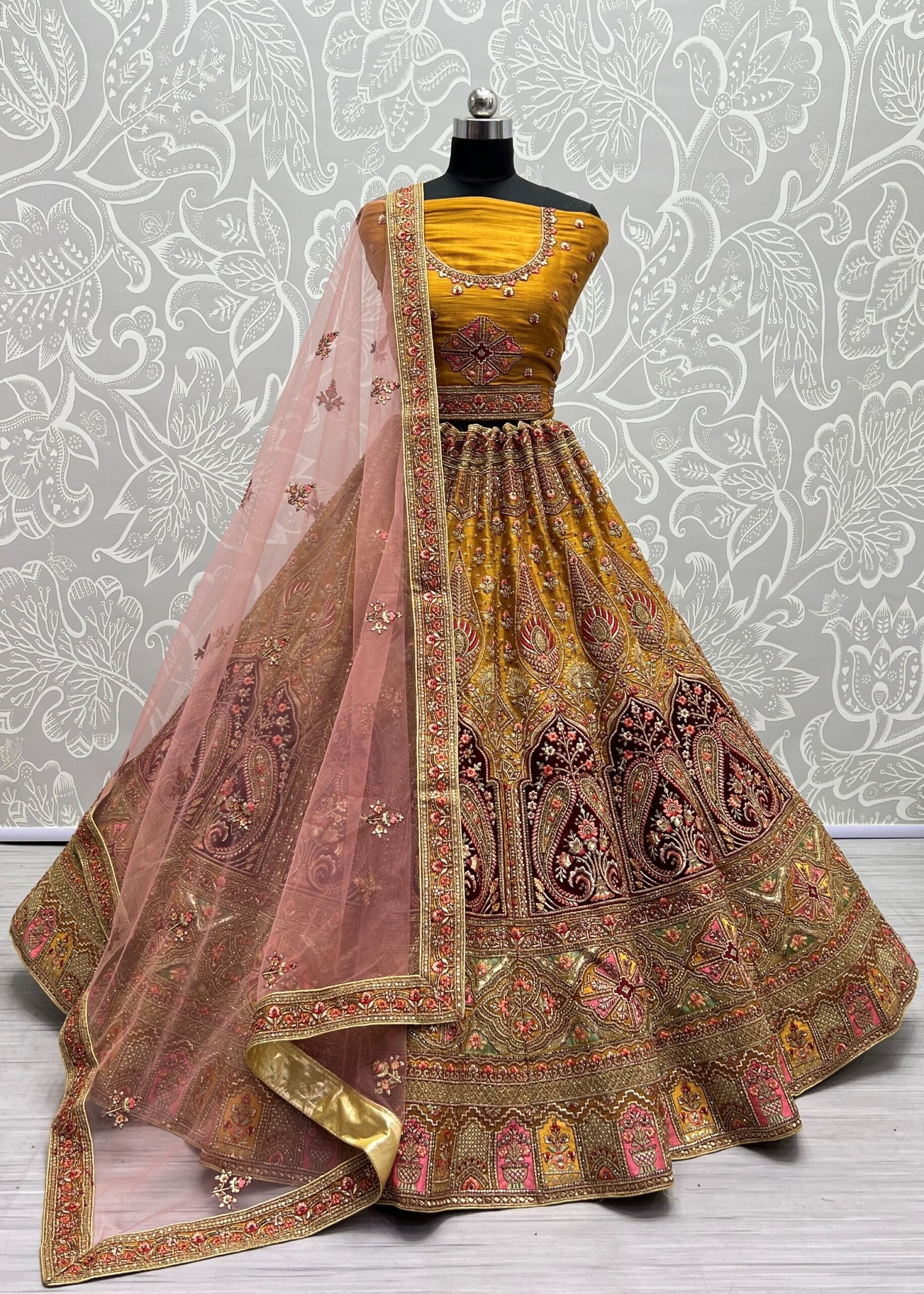 Glimmering Yellow Gold Zari and Diamond Work Bridal Lehenga Choli