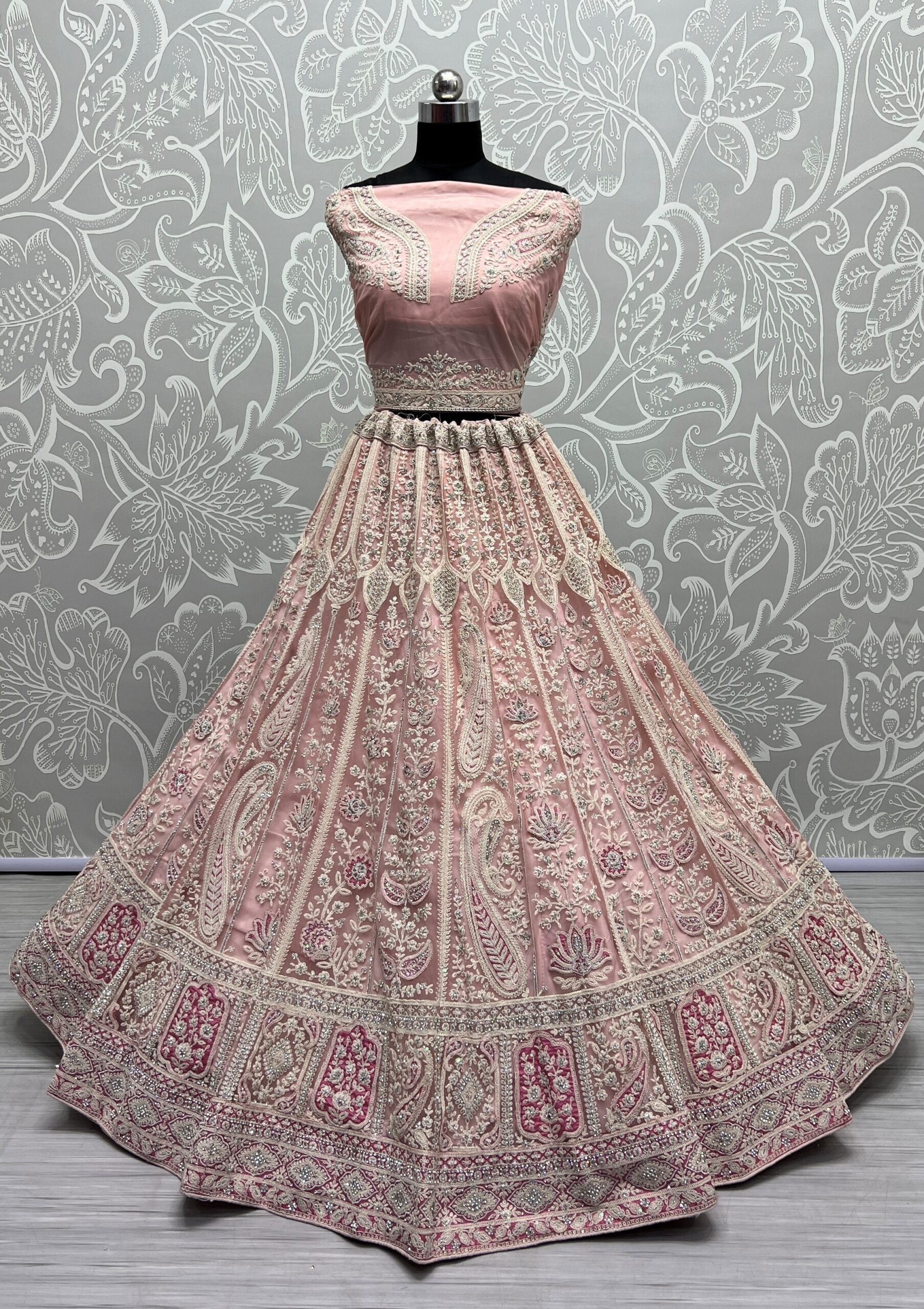 Royal Blush Heritage Net Zircon Diamonds Bridal Lehenga