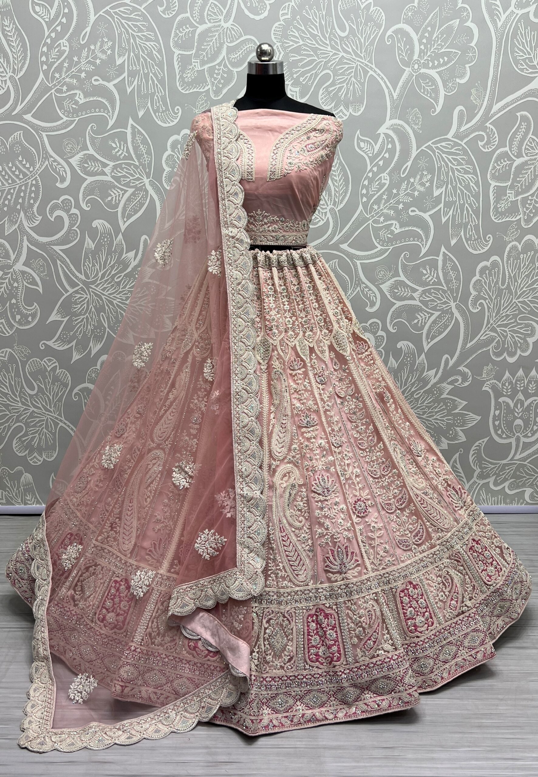 Royal Blush Heritage Net Zircon Diamonds Bridal Lehenga