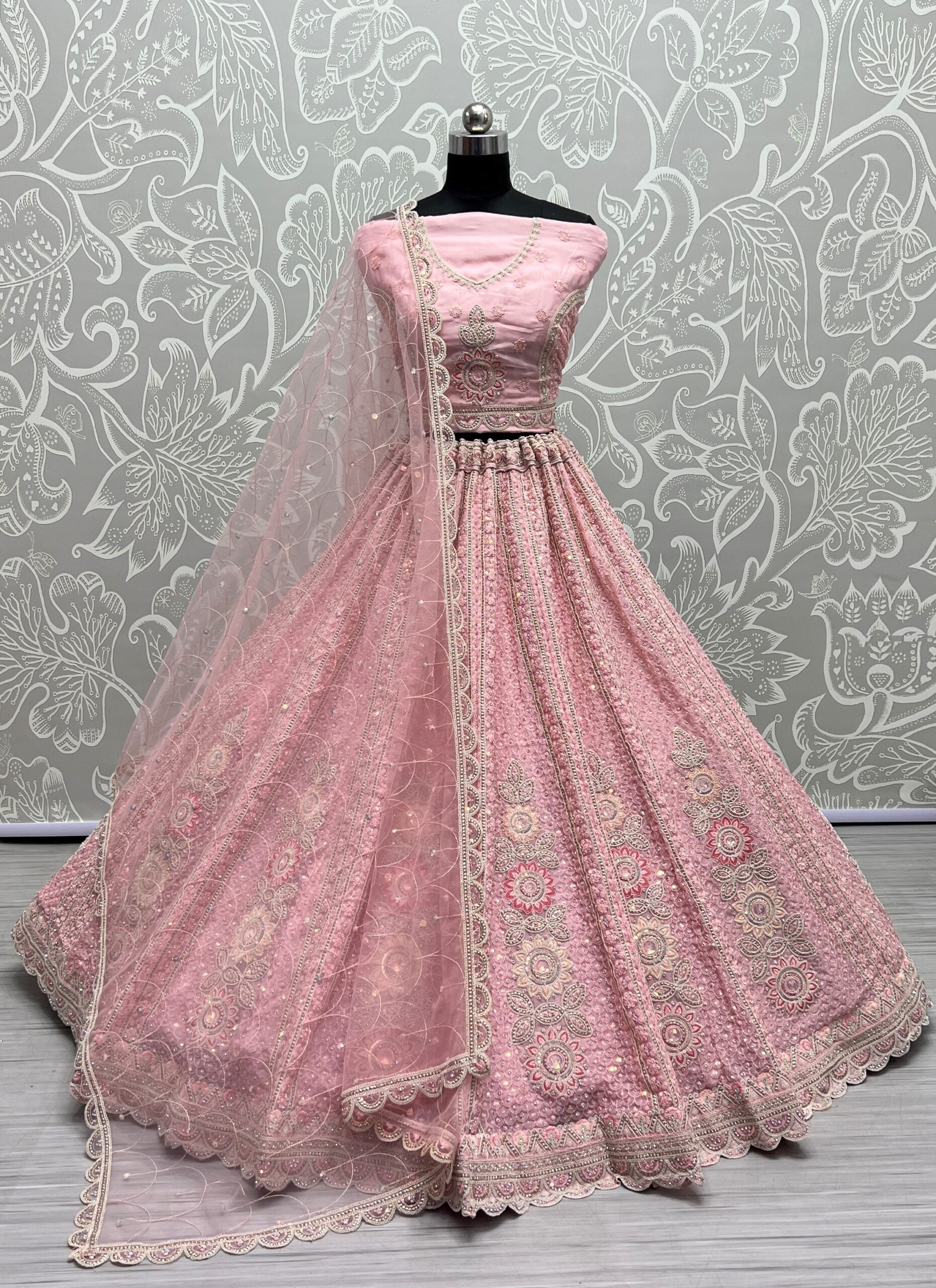 Luxury Soft Net Baby Pink Thread and Diamond Lehengha choli