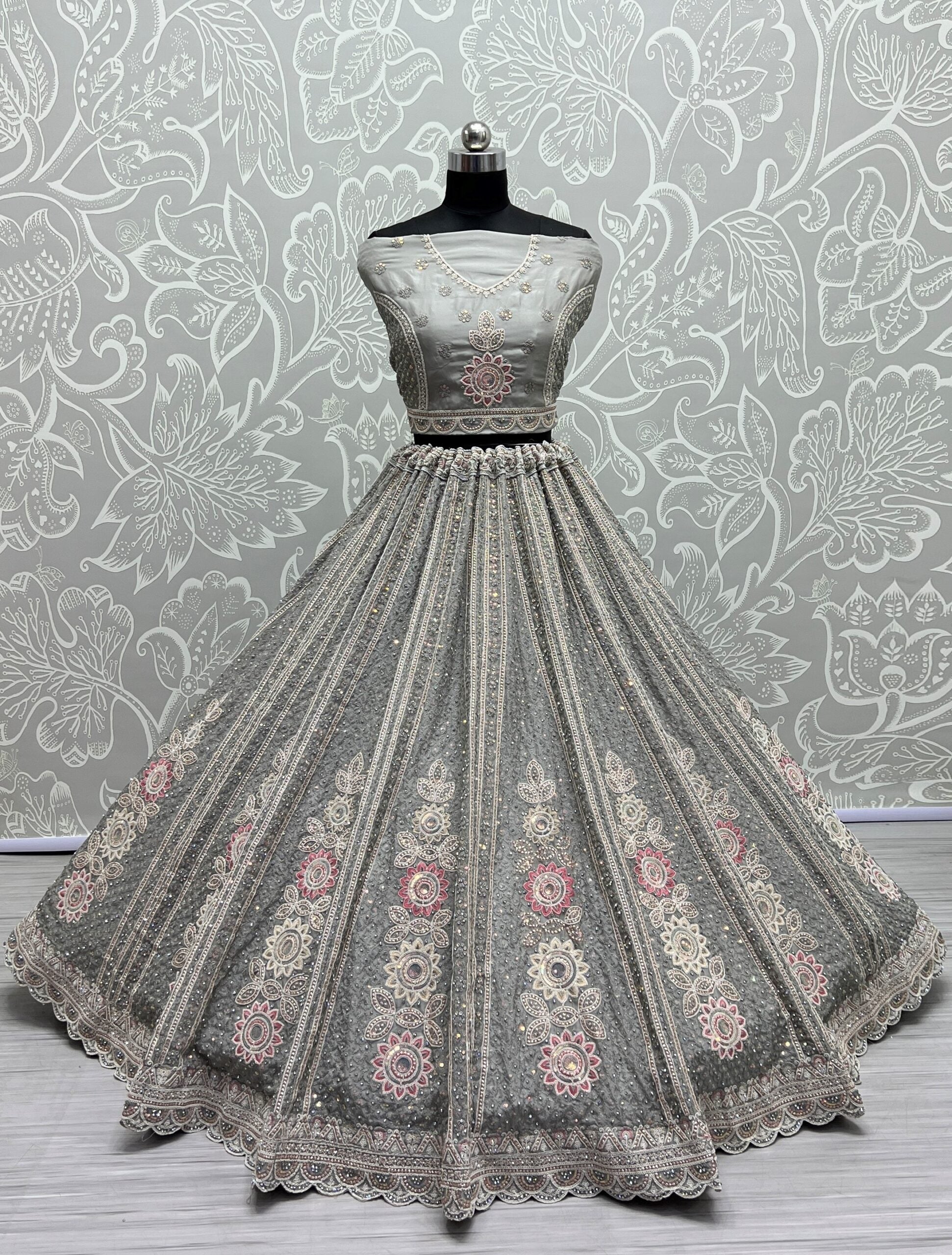 A Mirage of Intricate Beauty Grey Partywear Lehengha Choli