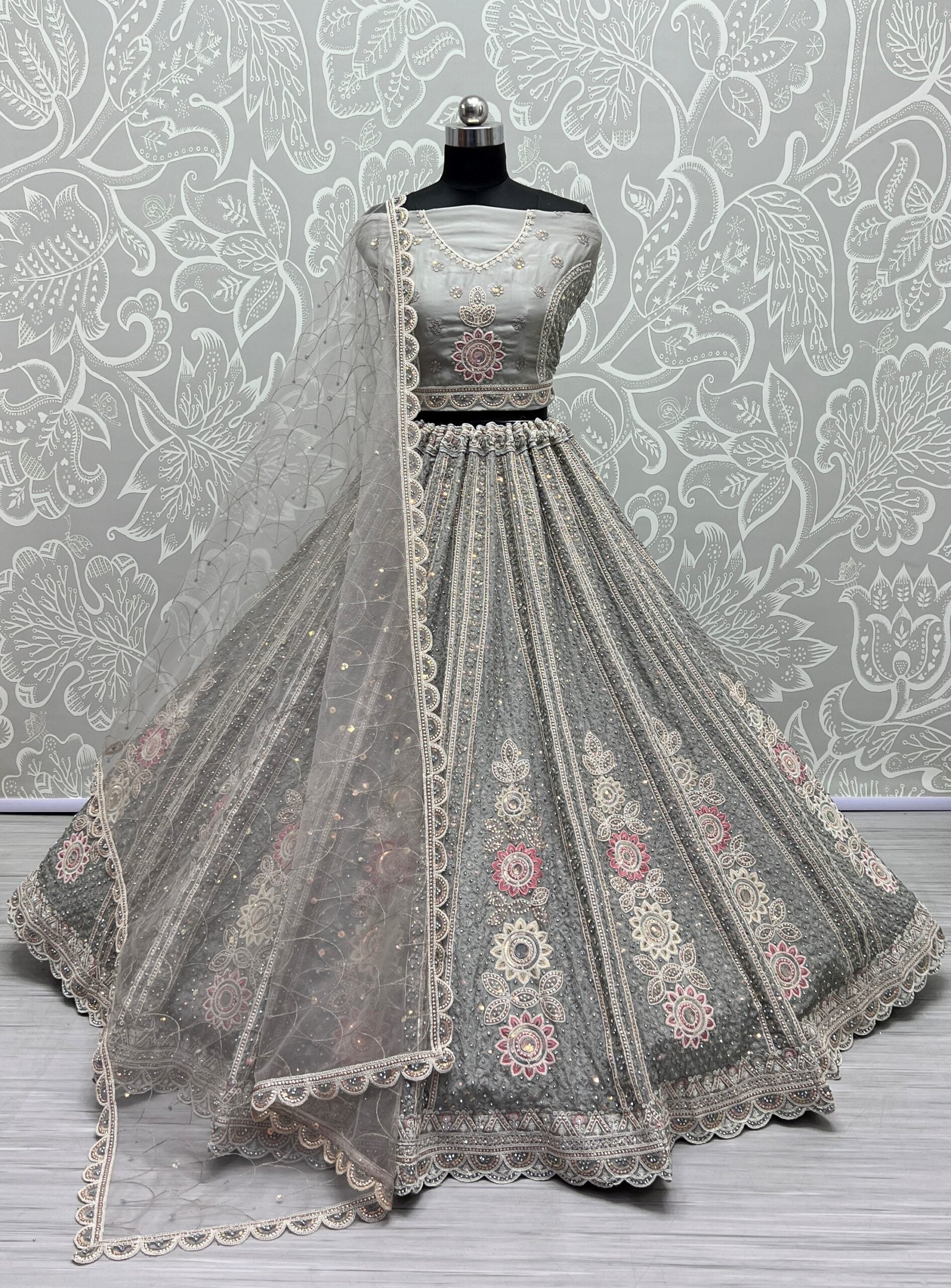 A Mirage of Intricate Beauty Grey Partywear Lehengha Choli