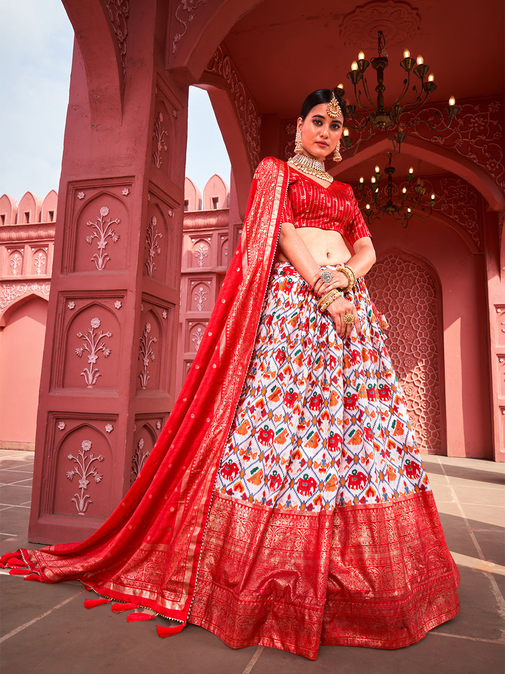 Shringar Shobha Adorned in Red Pure Dola Silk Foil Print Lehenga Choli