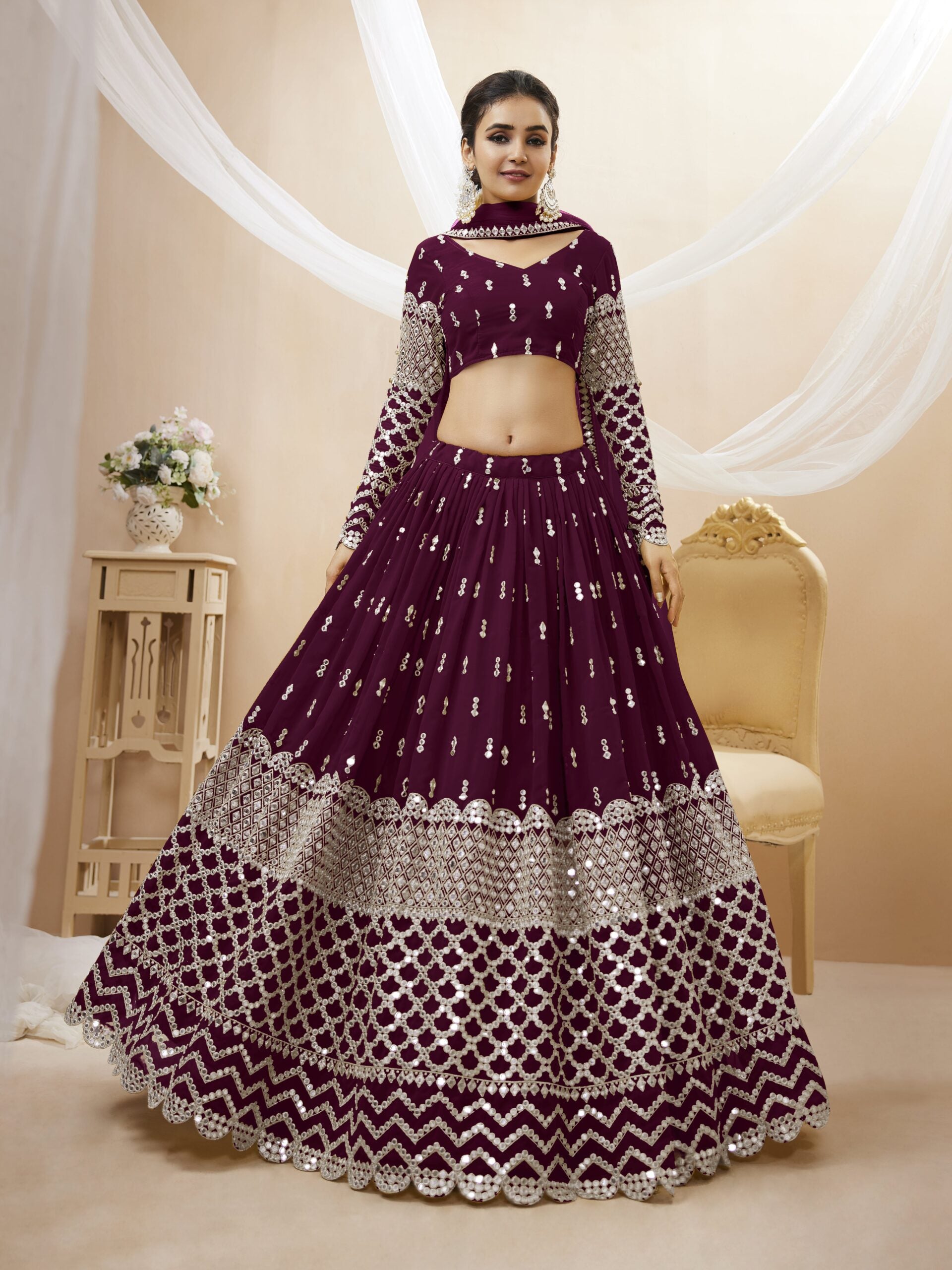 Zesty Burgundy Zari Work Lehengha Choli