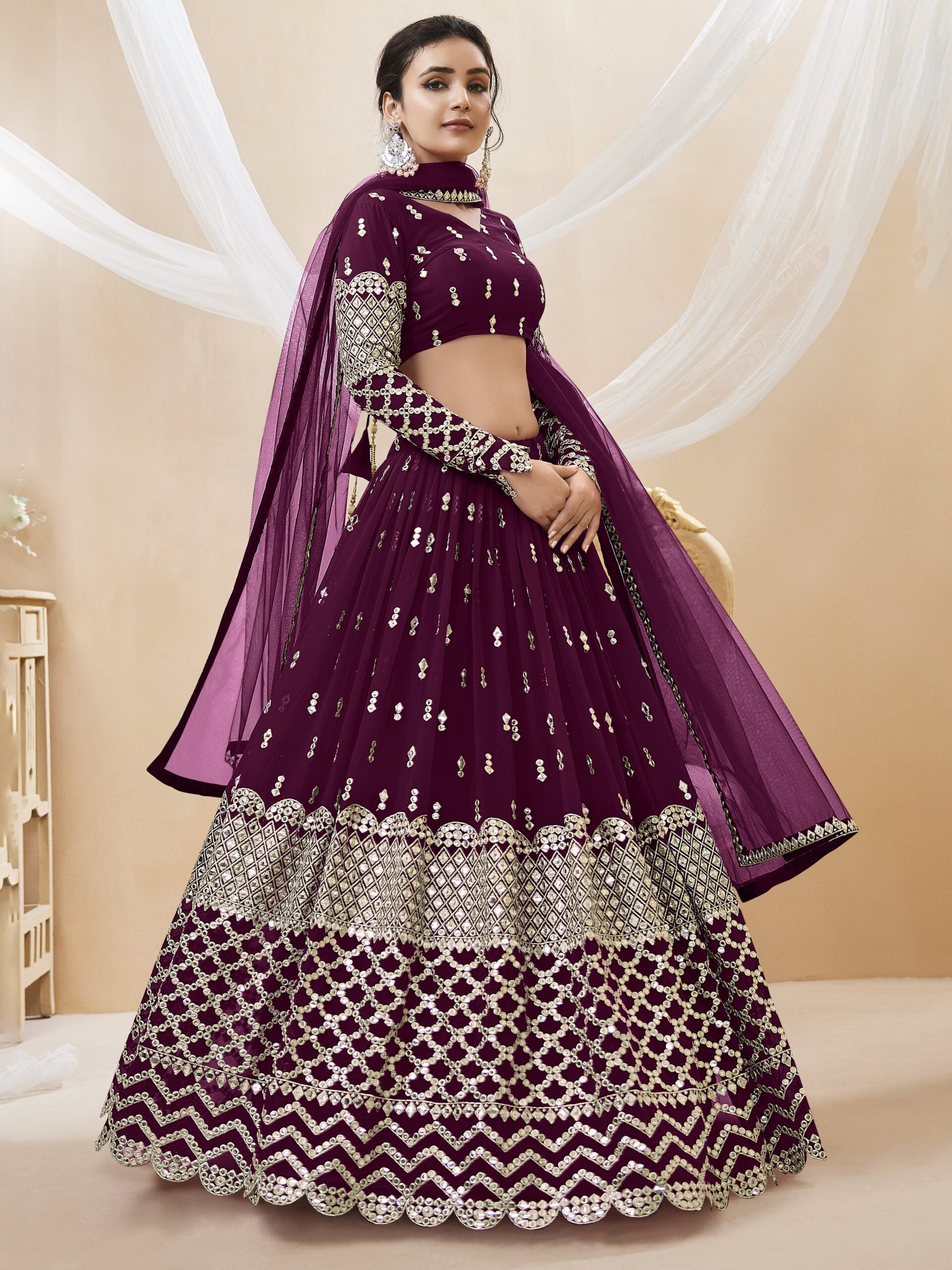 Zesty Burgundy Zari Work Lehengha Choli