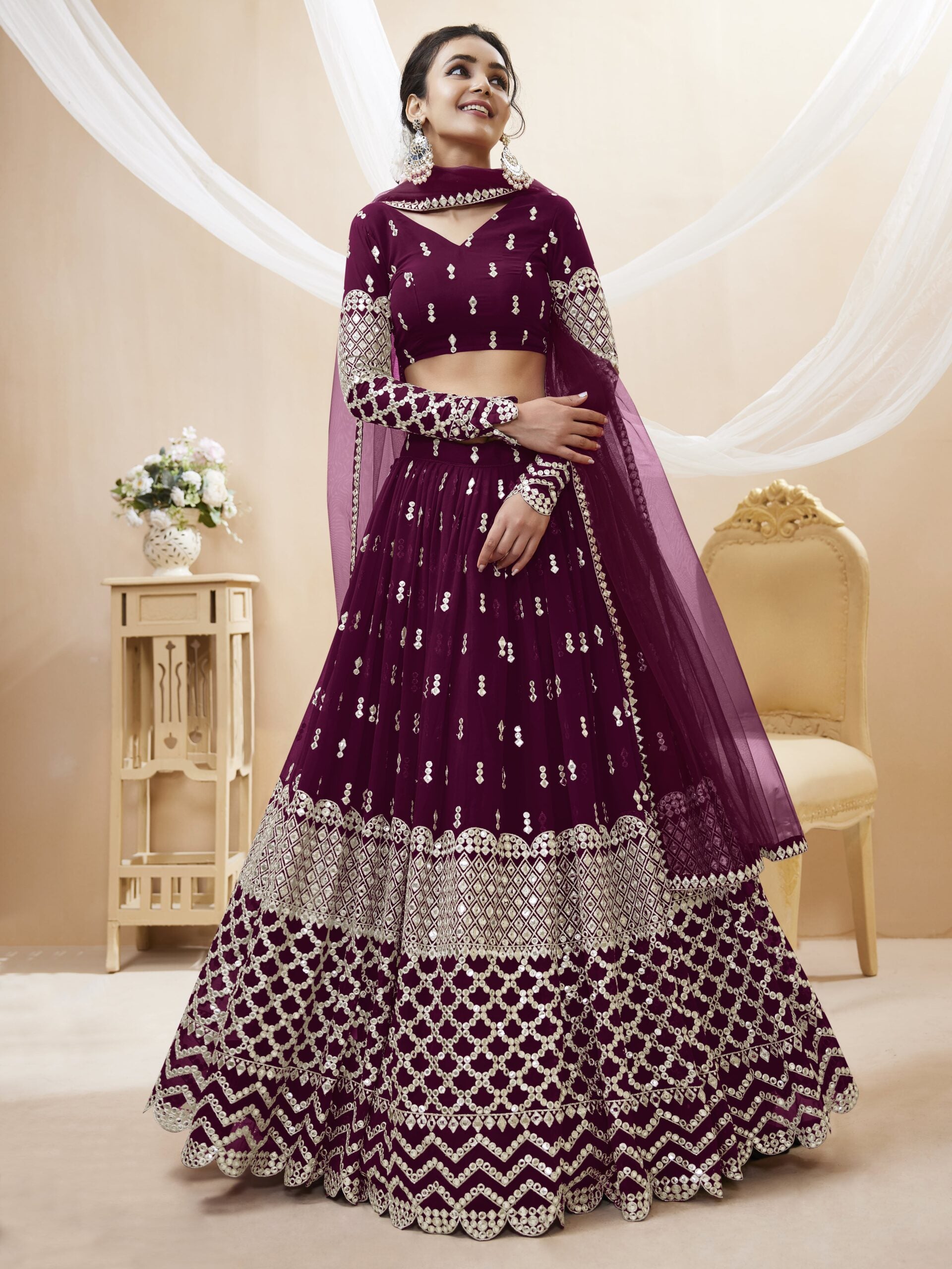 Zesty Burgundy Zari Work Lehengha Choli