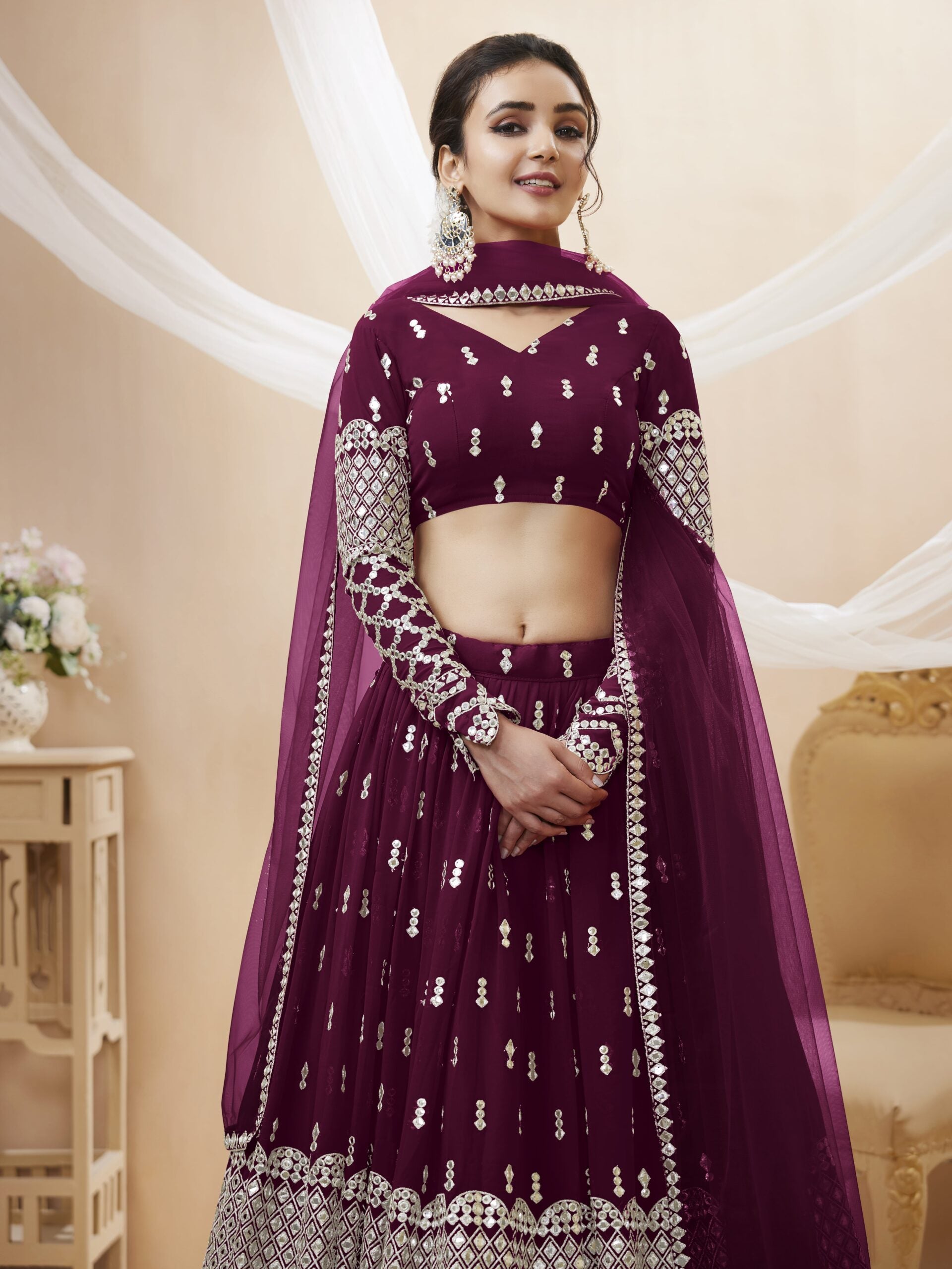 Zesty Burgundy Zari Work Lehengha Choli