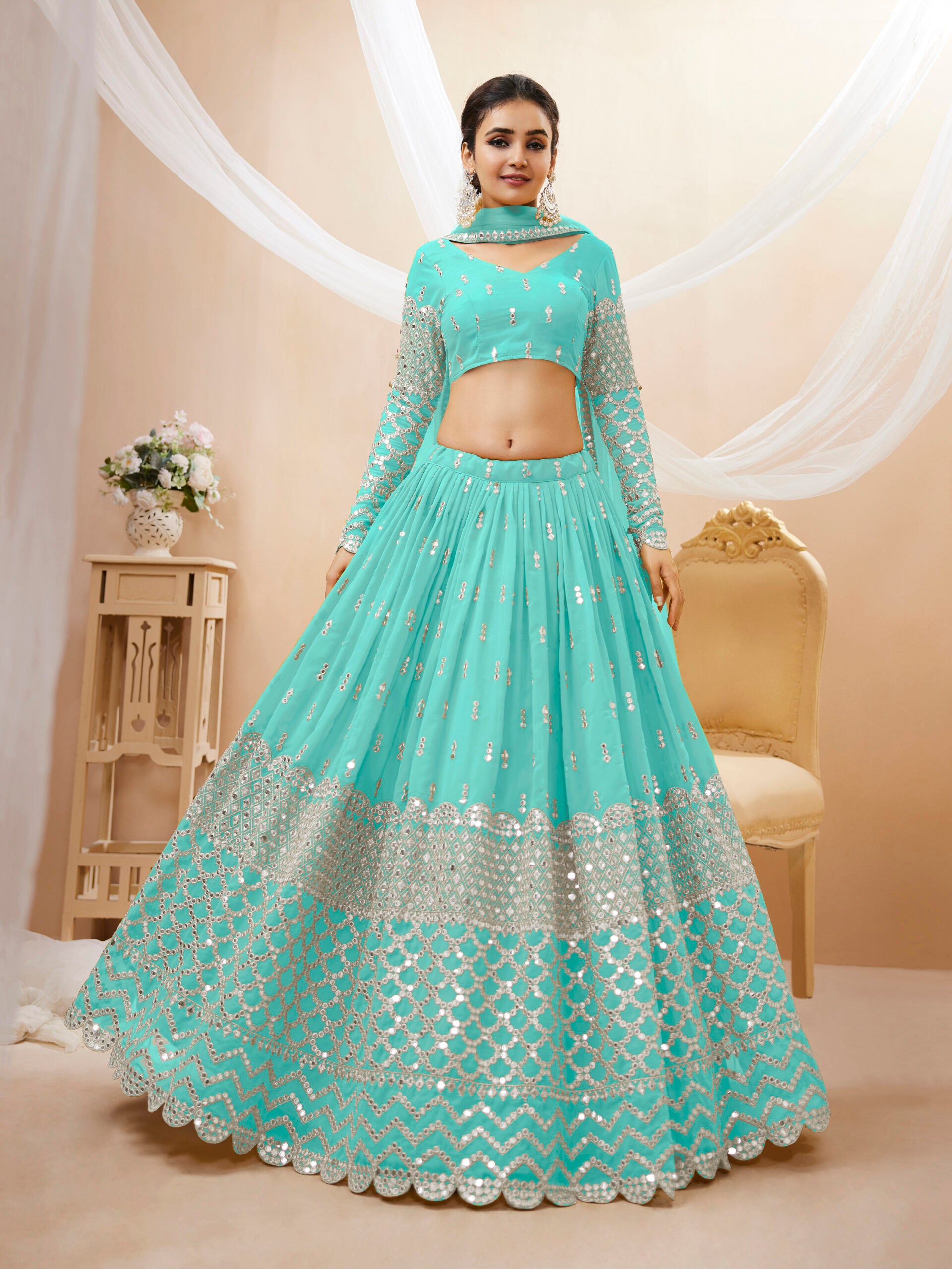 Sky Blue Dream Sequins Work Lehengha