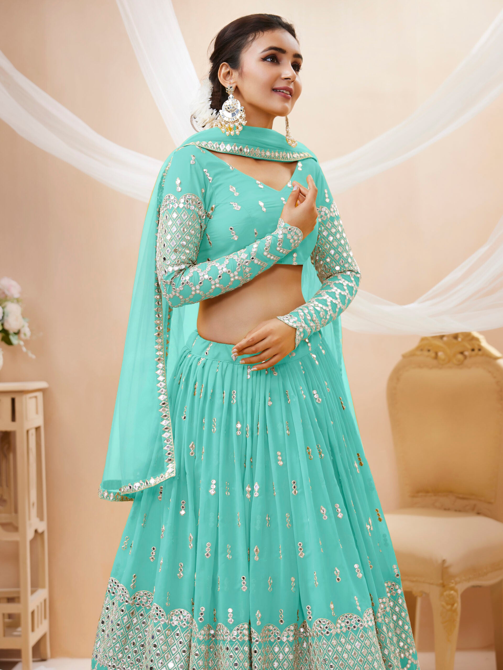 Sky Blue Dream Sequins Work Lehengha