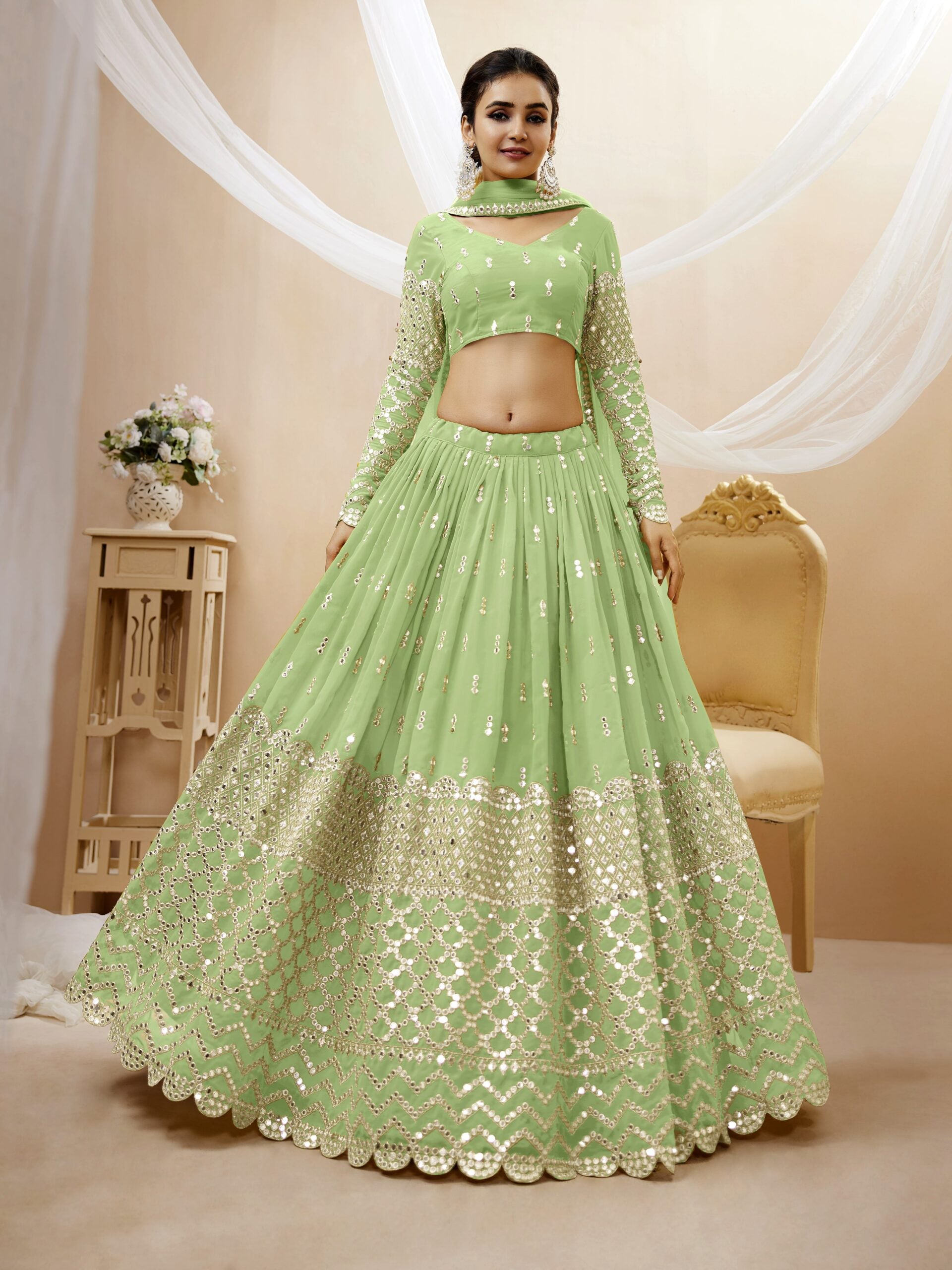Papery Dream Pista Miror Work Lehengha Choli