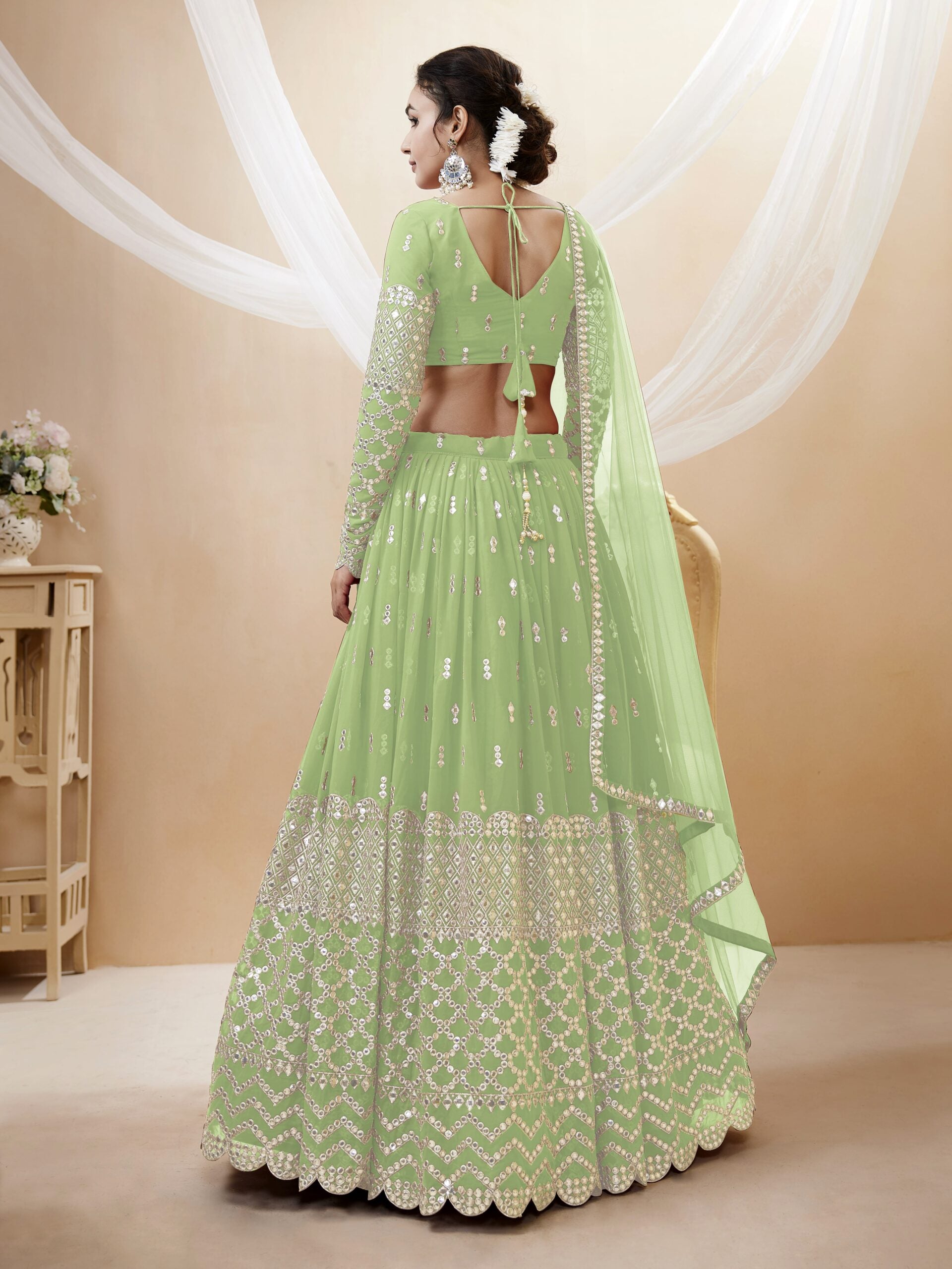Papery Dream Pista Miror Work Lehengha Choli