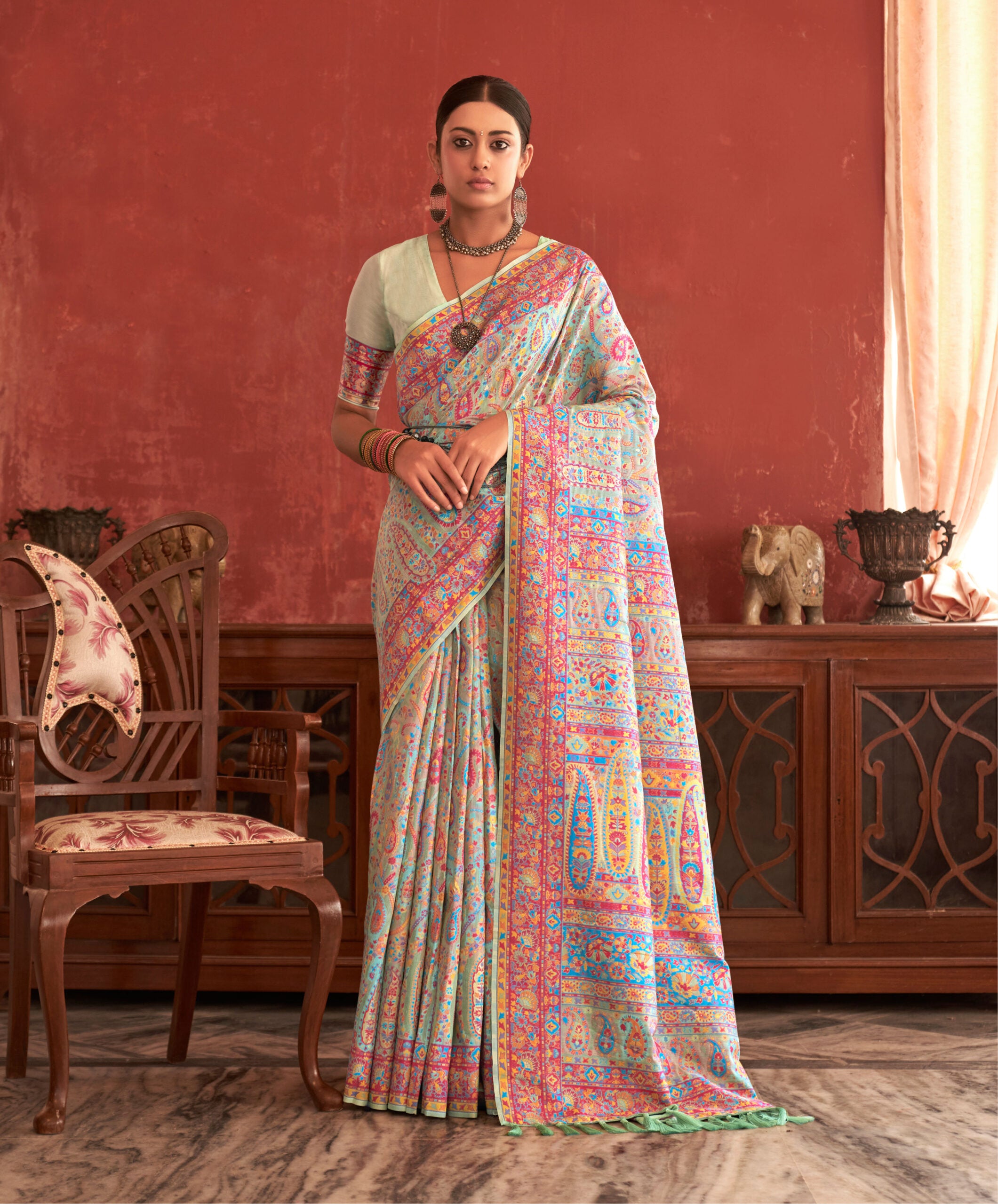 Virasat Vilas Pista Weave Pashmina Silk Saree