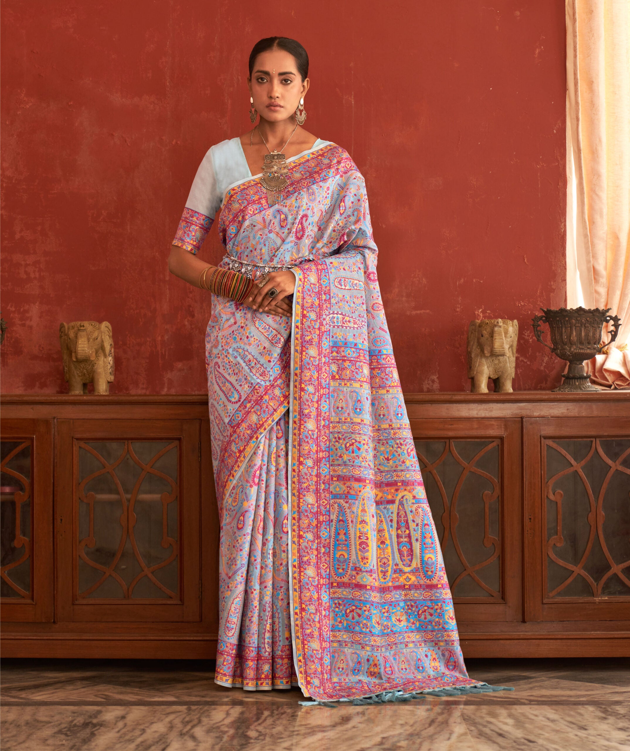 Aasmani Rani Pashmina Silk Saree