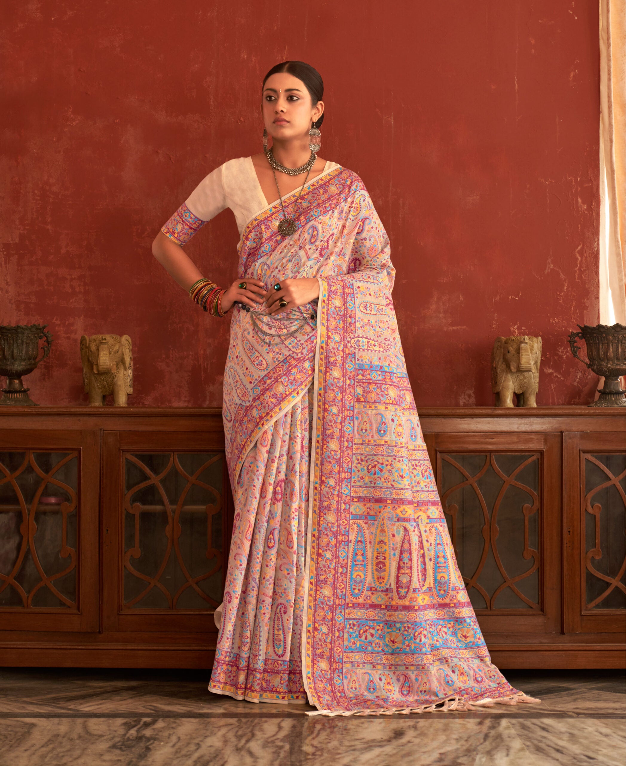 Kesar Ganga Pashmina Cream Elegance Saree