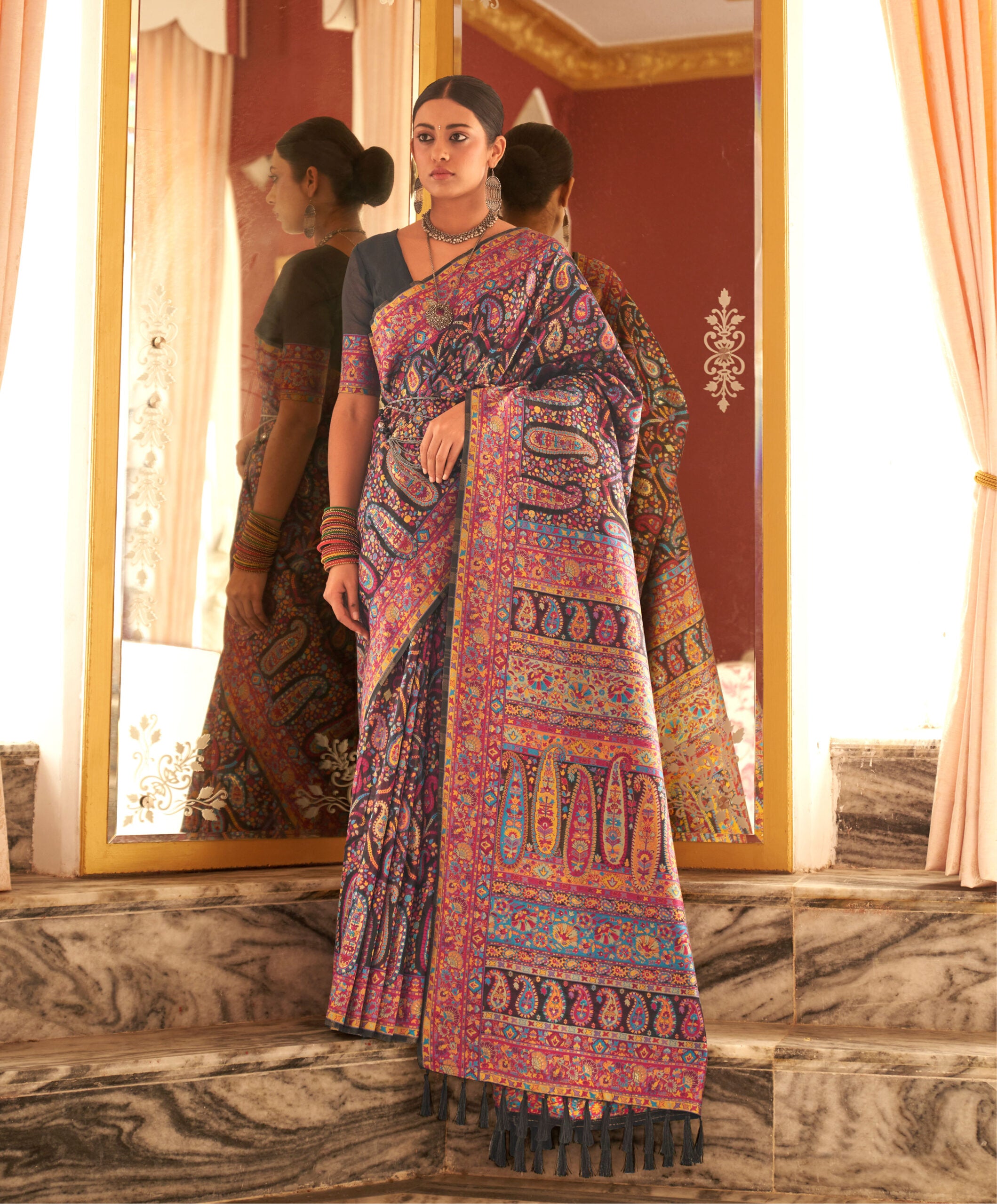 Ambara Divya Pashmina Navy Blue Saree