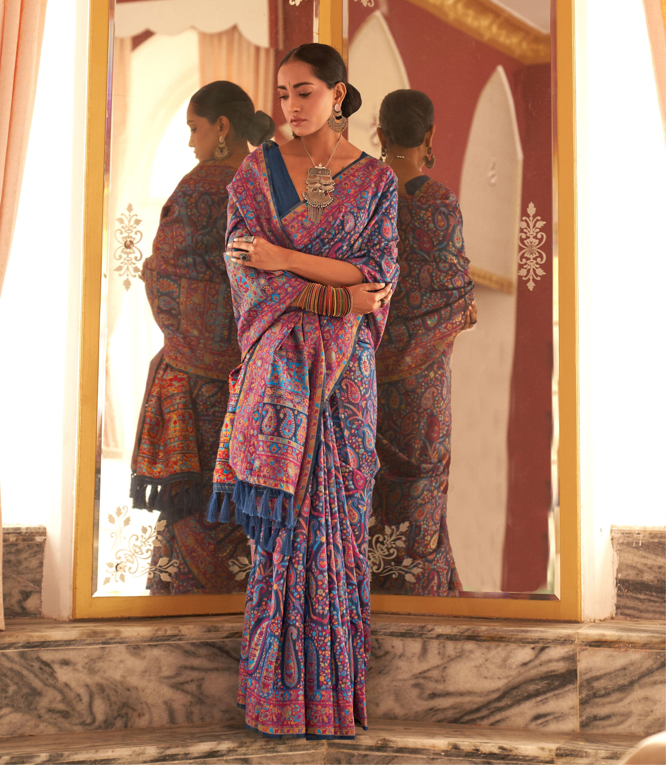 Kavyanjali Pashmina Navy Blue Saree