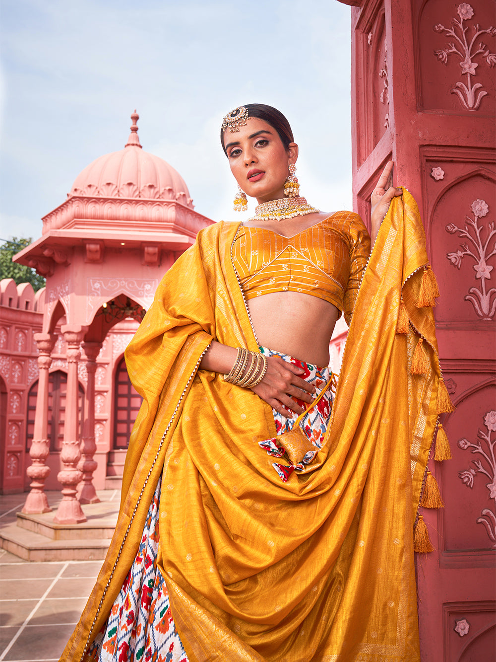 Padmini Pushp Yellow Blossoms Pure Dola Silk Foil Print Lehenga Choli
