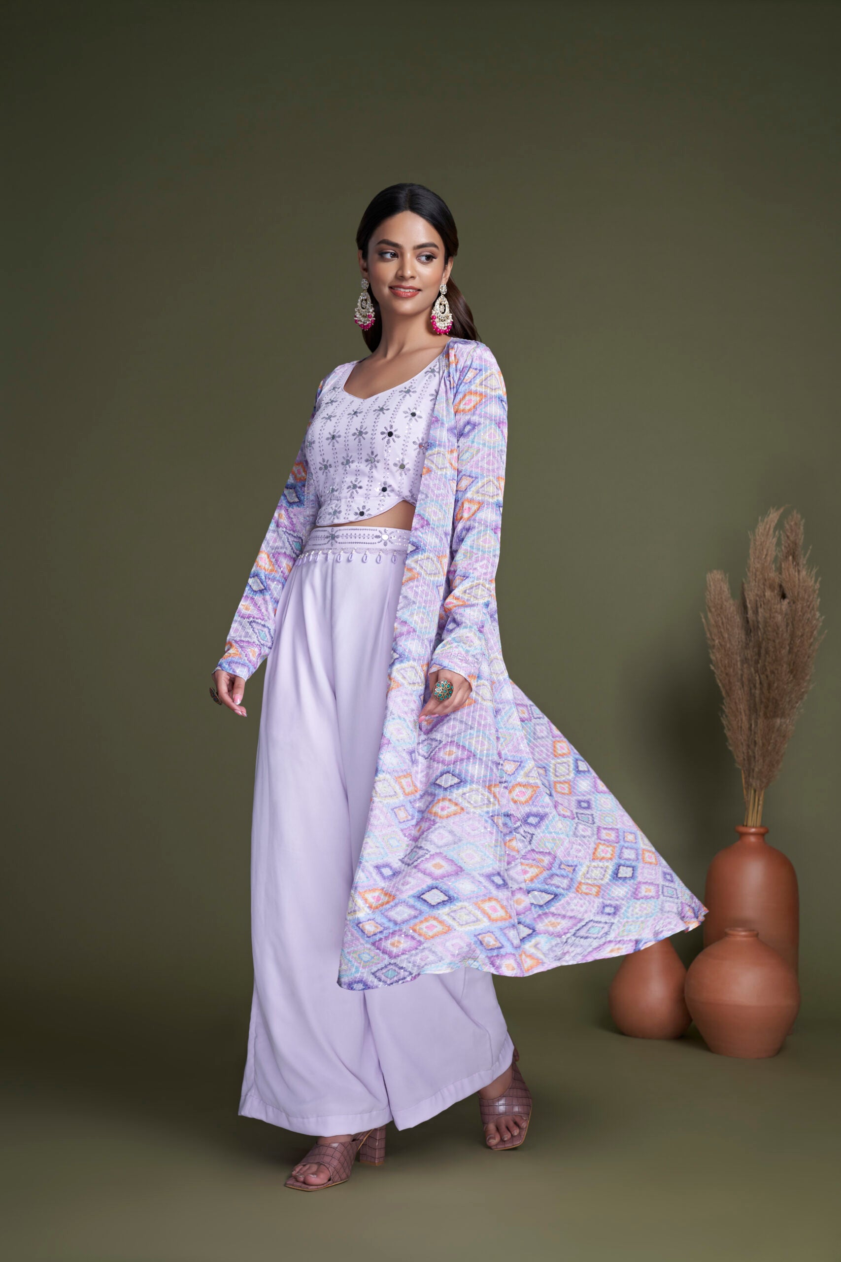 Lavender Mirage Chinon Embroidery and Mirror Work Co-ord Set