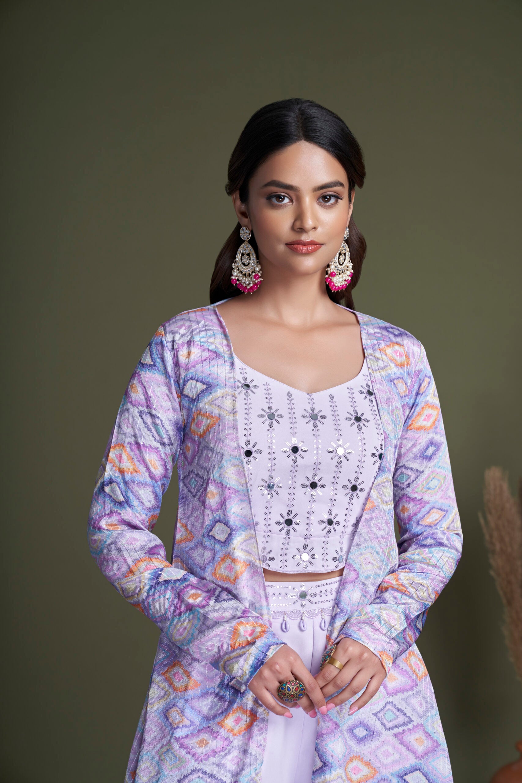 Lavender Mirage Chinon Embroidery and Mirror Work Co-ord Set