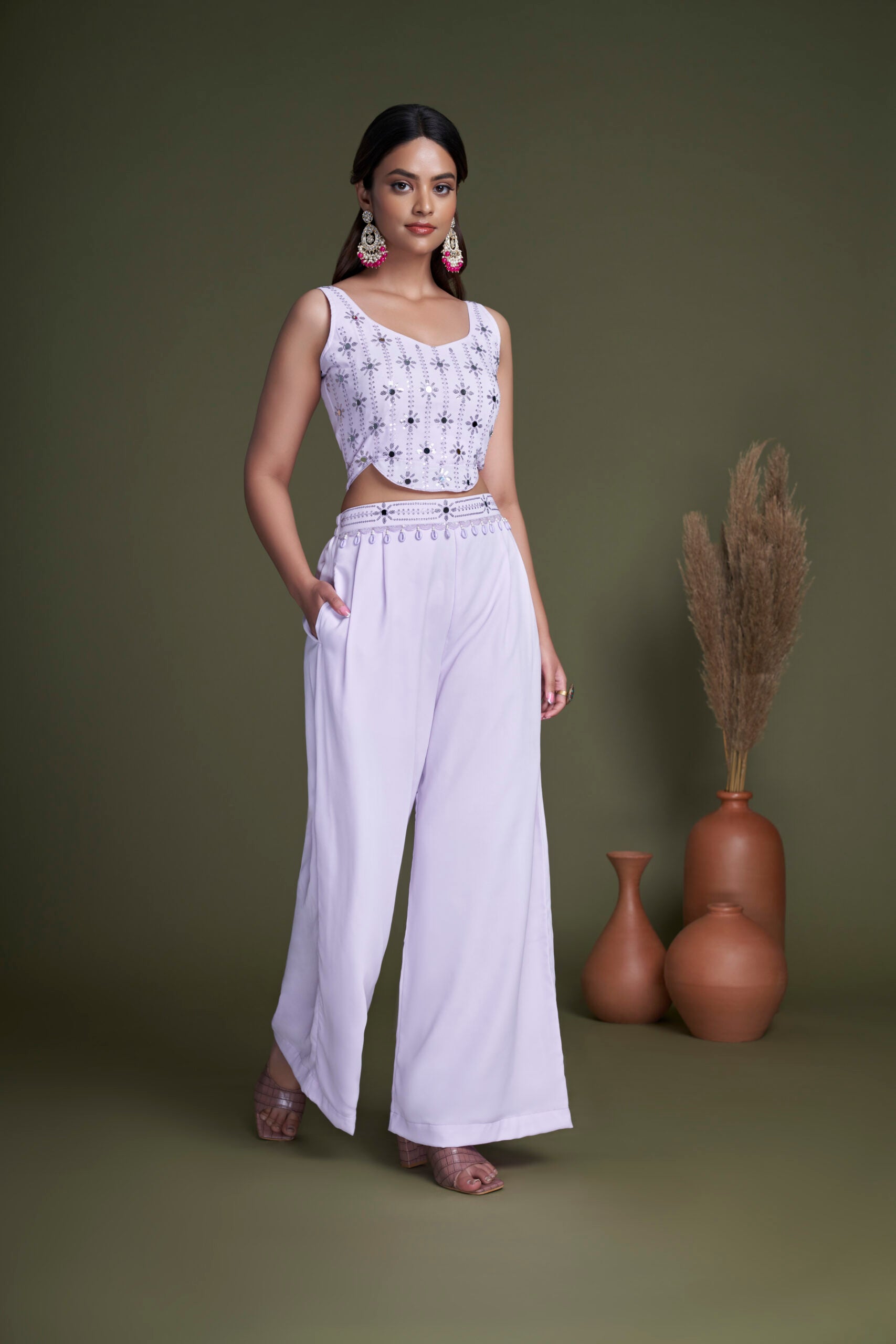 Lavender Mirage Chinon Embroidery and Mirror Work Co-ord Set