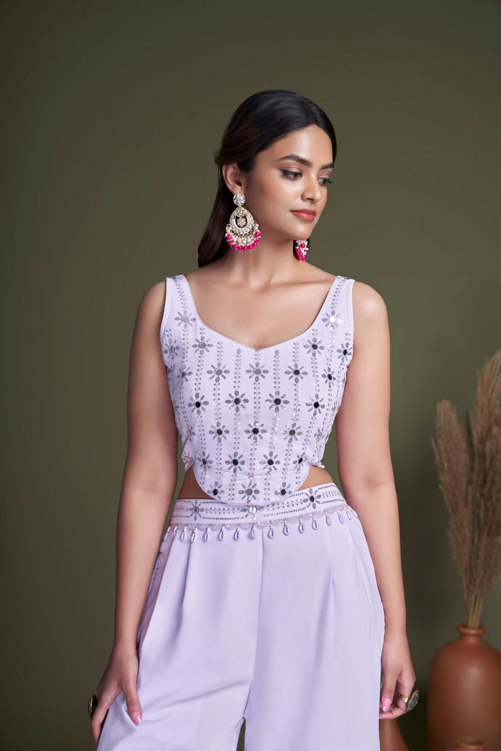 Lavender Mirage Chinon Embroidery and Mirror Work Co-ord Set