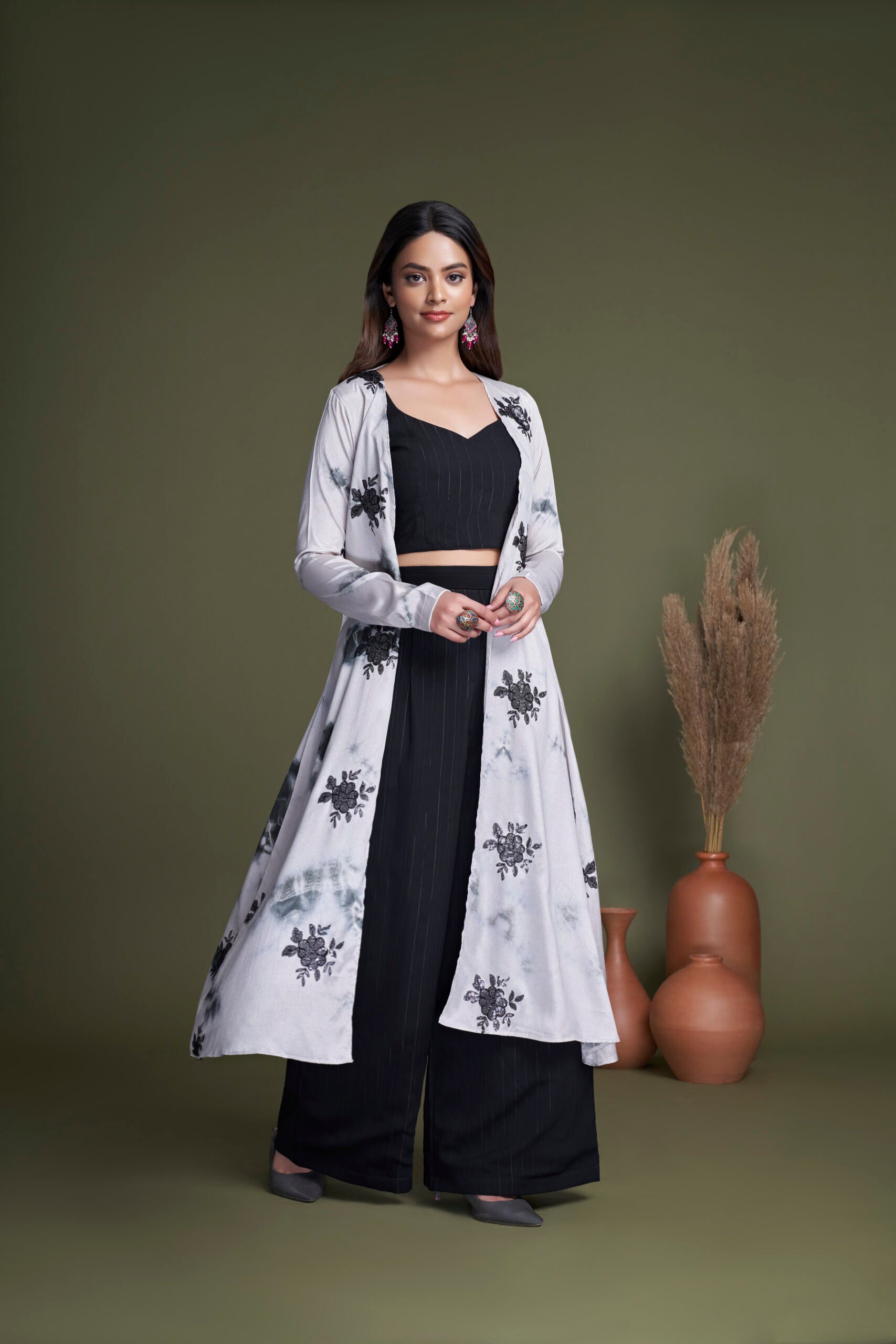 Black and White Melody Chinon Embroidery Ensemble Co-ord Set