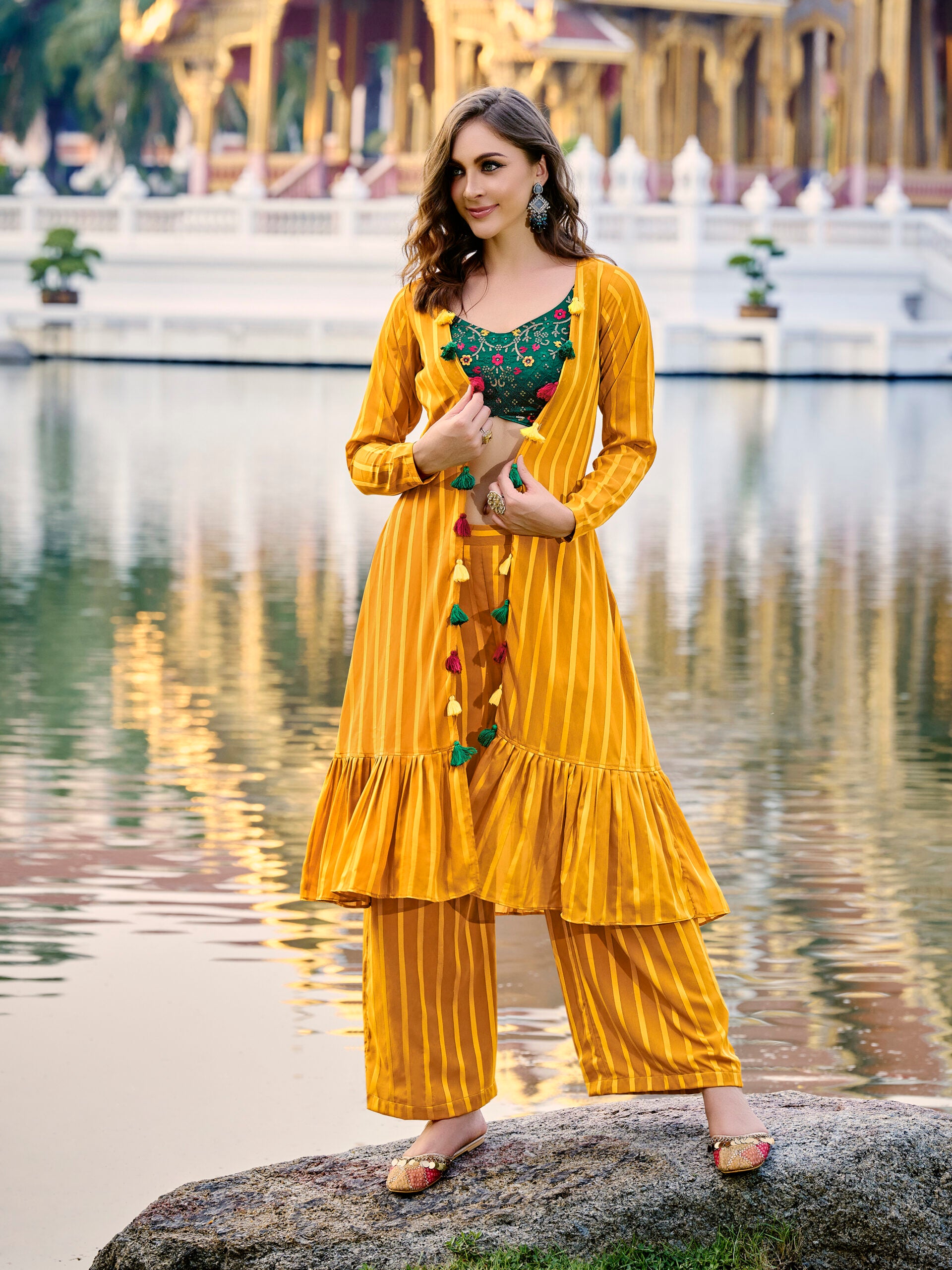 Blissful Blooms Georgette and Embroidered Plain Green and Yellow Ensemble