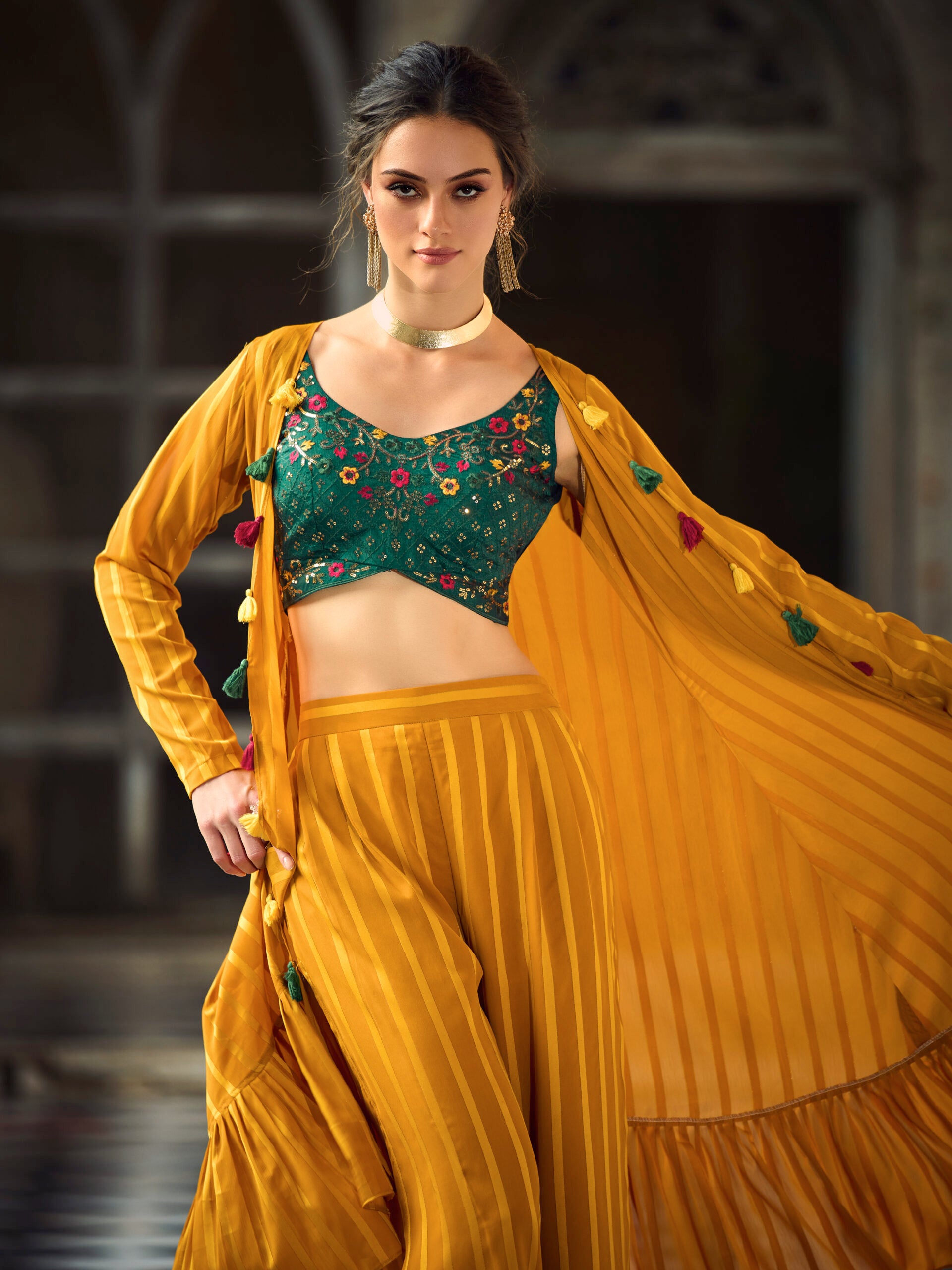 Blissful Blooms Georgette and Embroidered Plain Green and Yellow Ensemble