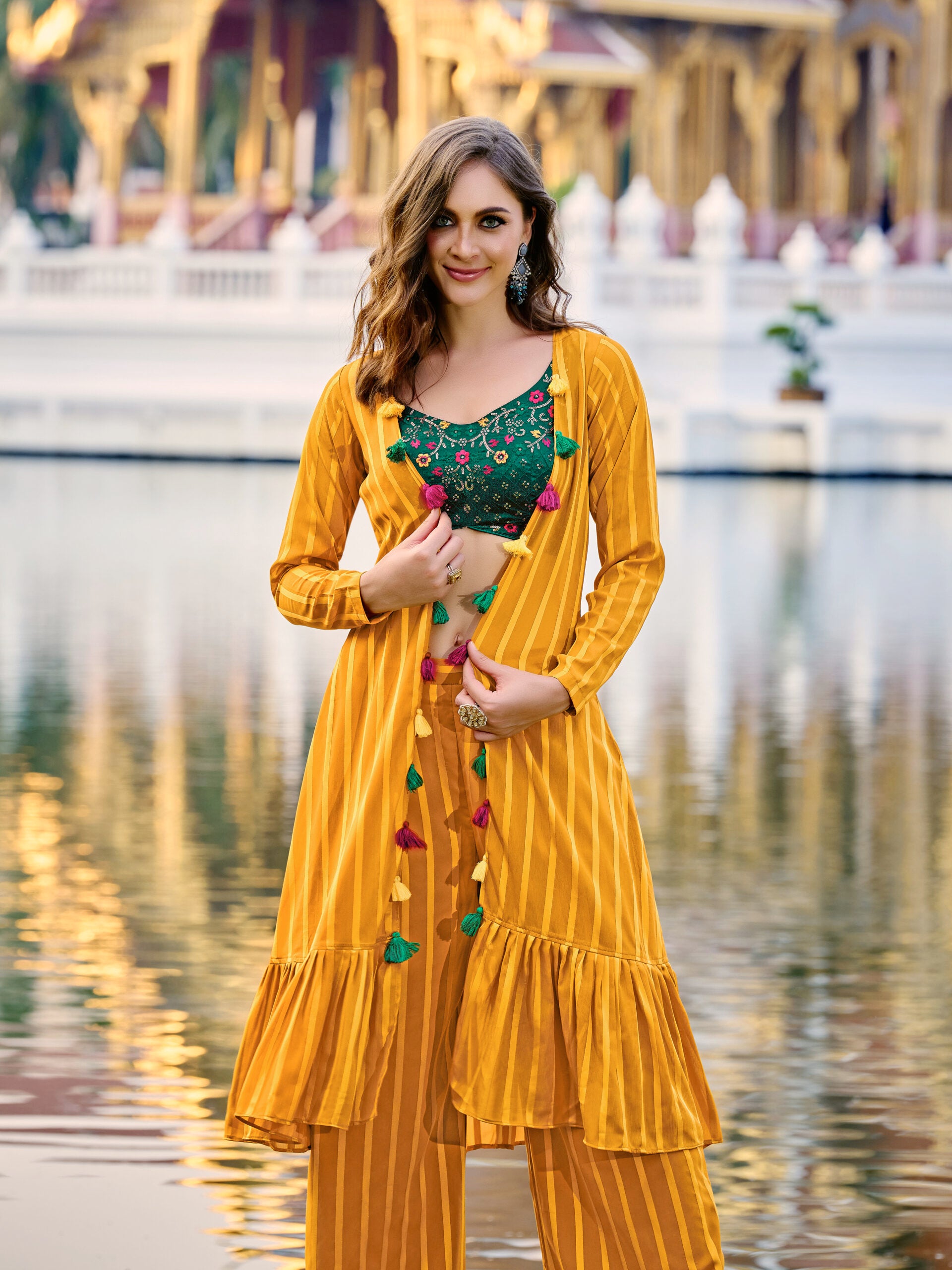 Blissful Blooms Georgette and Embroidered Plain Green and Yellow Ensemble