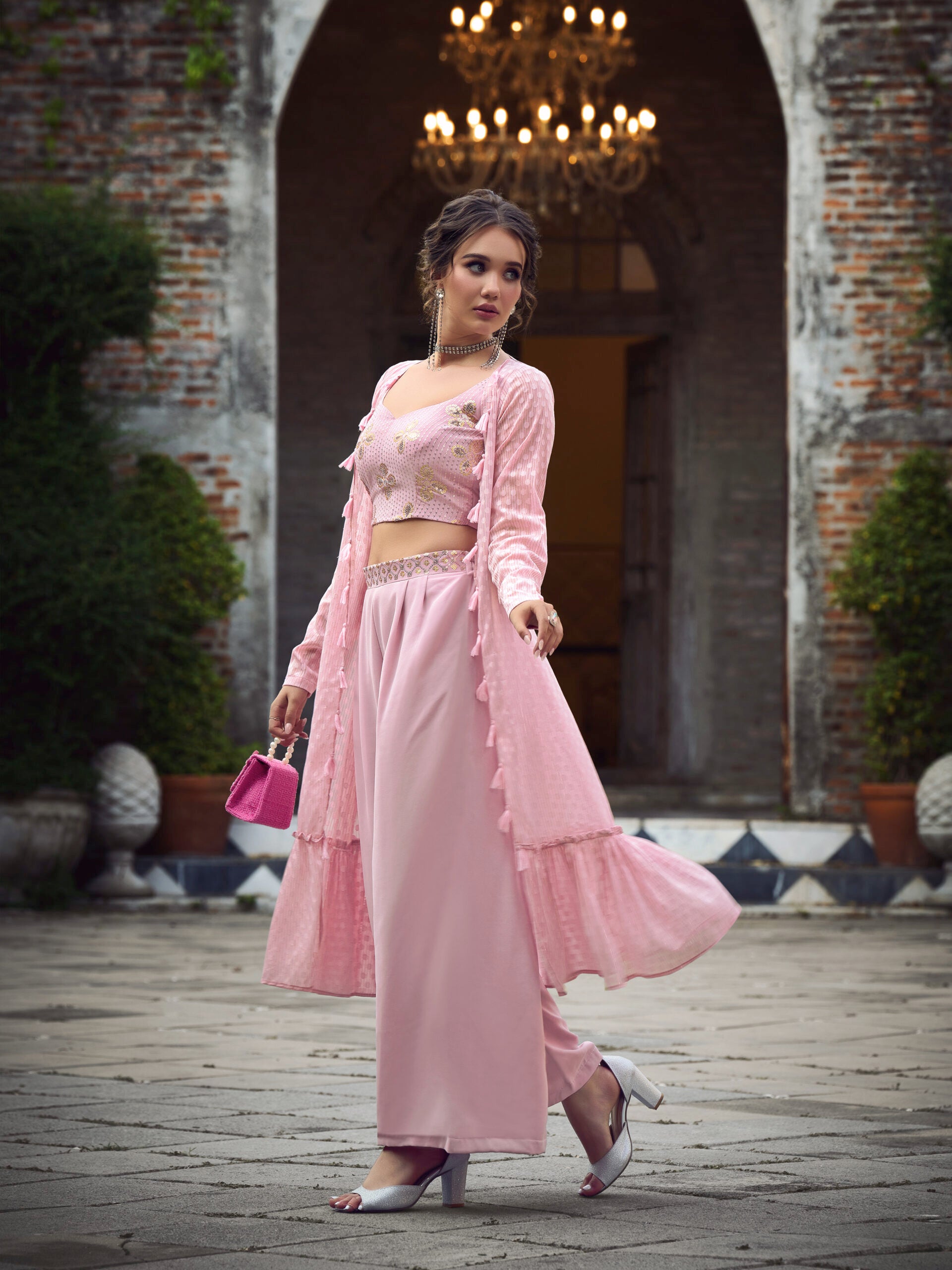 Dusky Pink Delight Embroidered Weaving Georgette and Plain Co ord Set