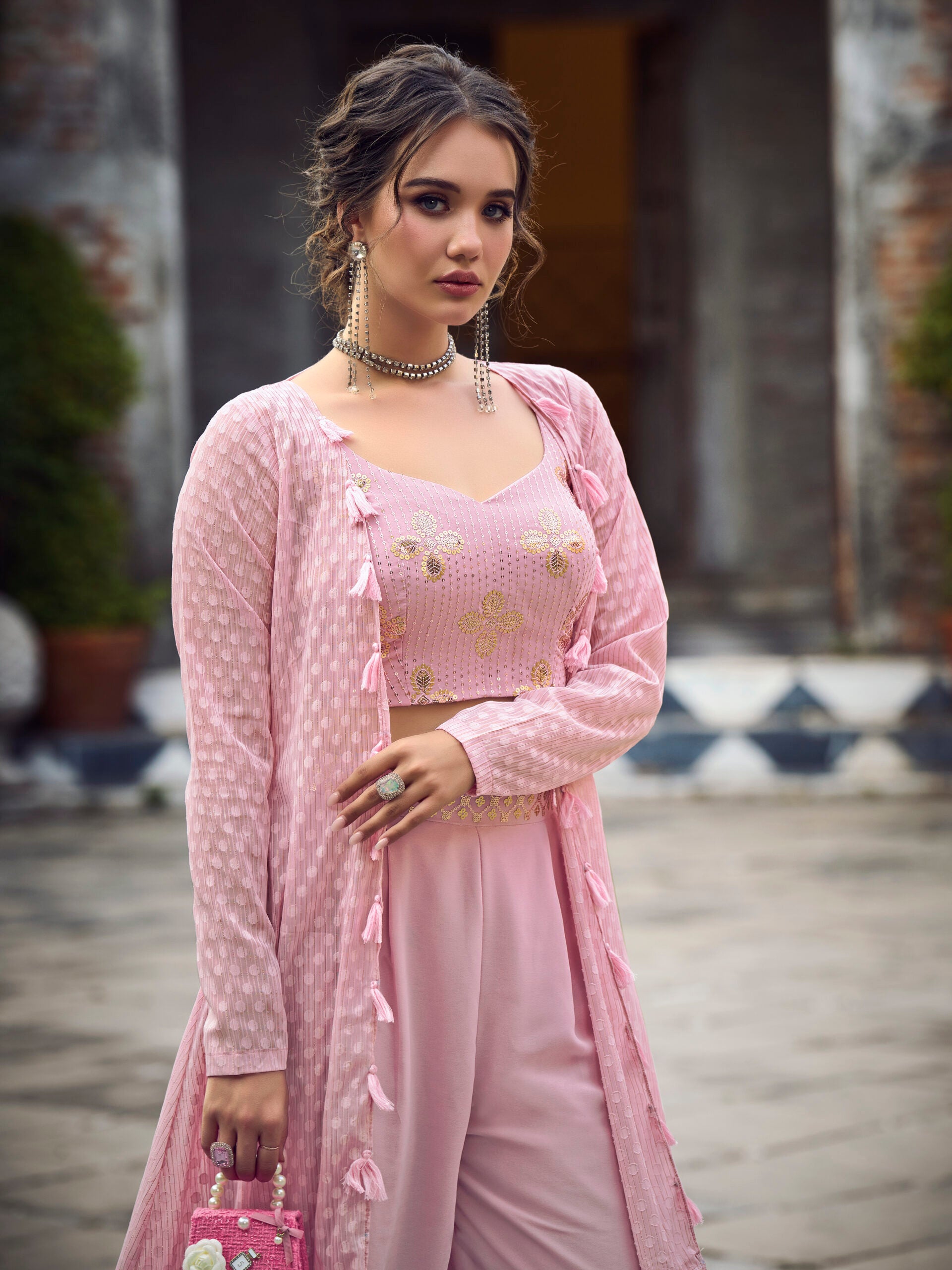 Dusky Pink Delight Embroidered Weaving Georgette and Plain Co ord Set
