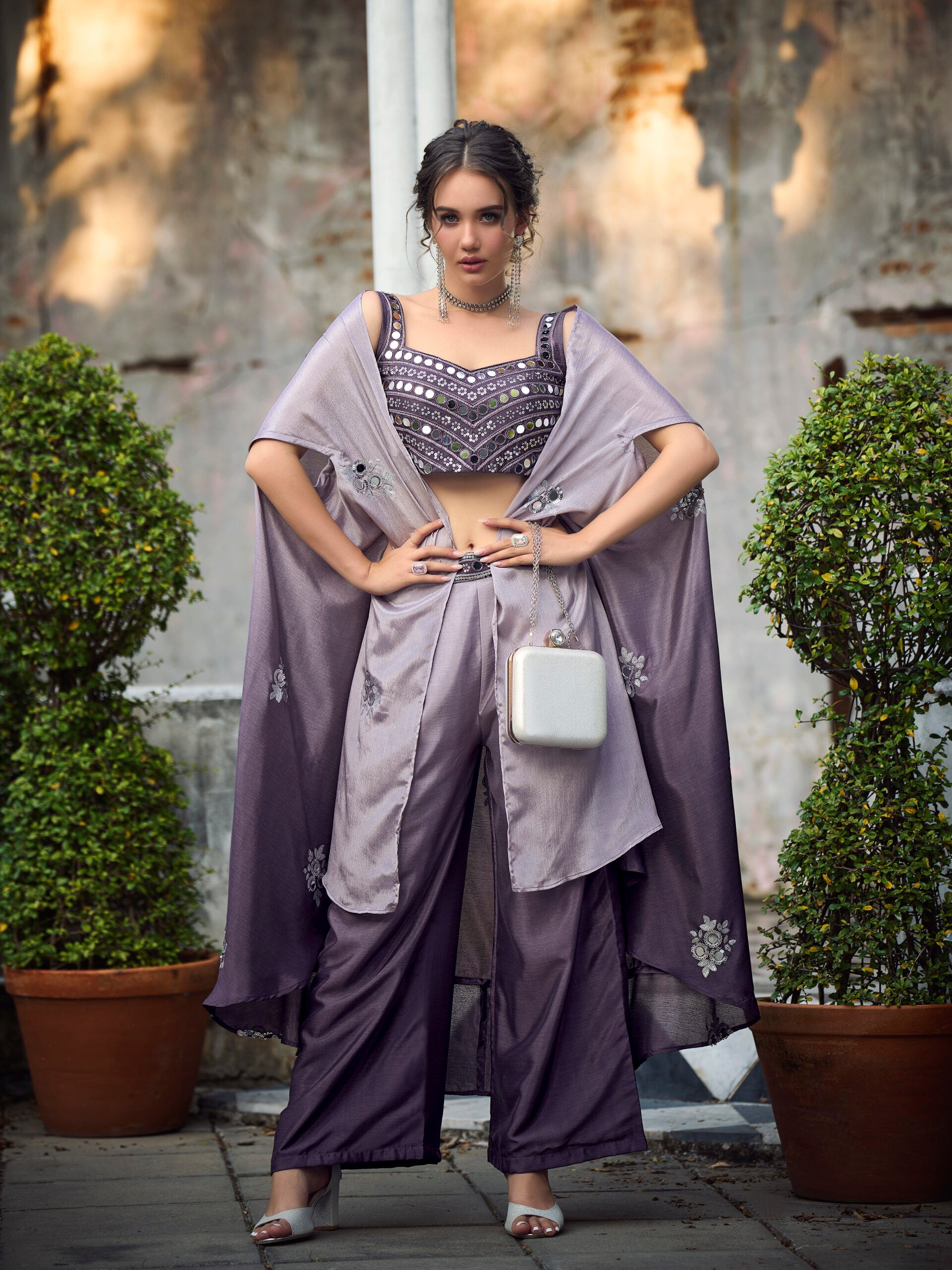 Lavender Serenade Plain and Embroidered Georgette Co-ord Set
