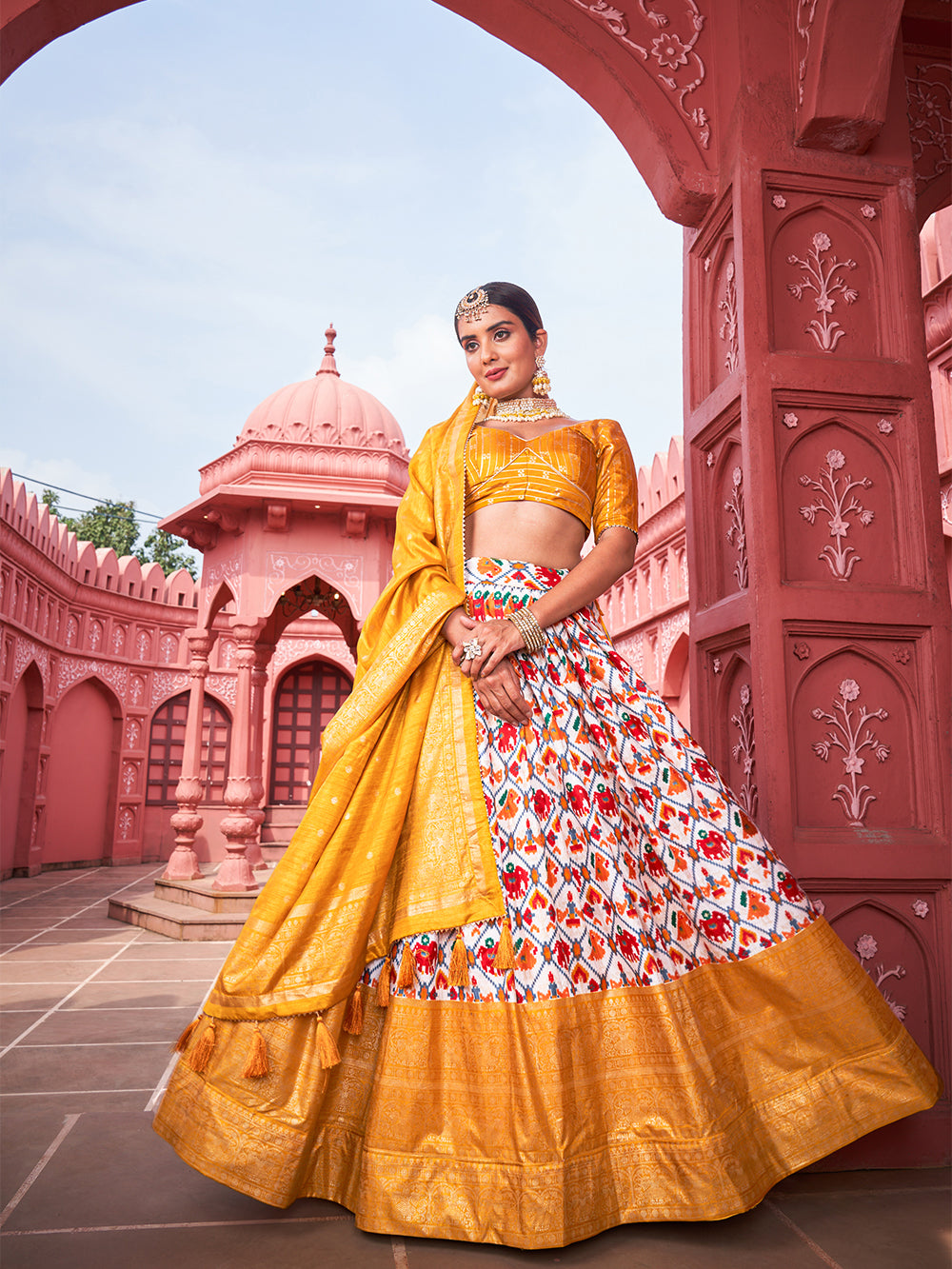 Padmini Pushp Yellow Blossoms Pure Dola Silk Foil Print Lehenga Choli