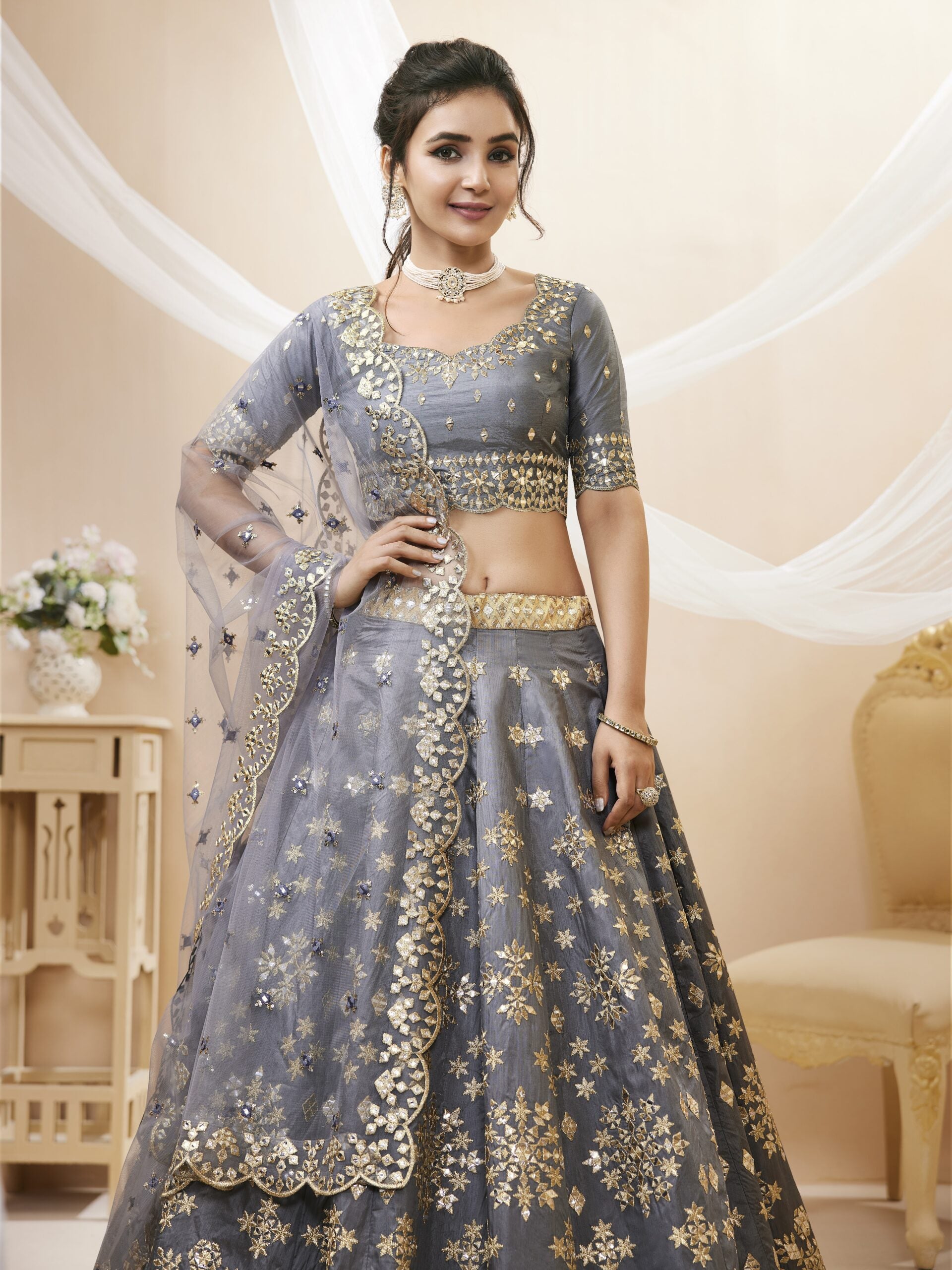 Ash Grey Zari Glamour Lehenga Choli