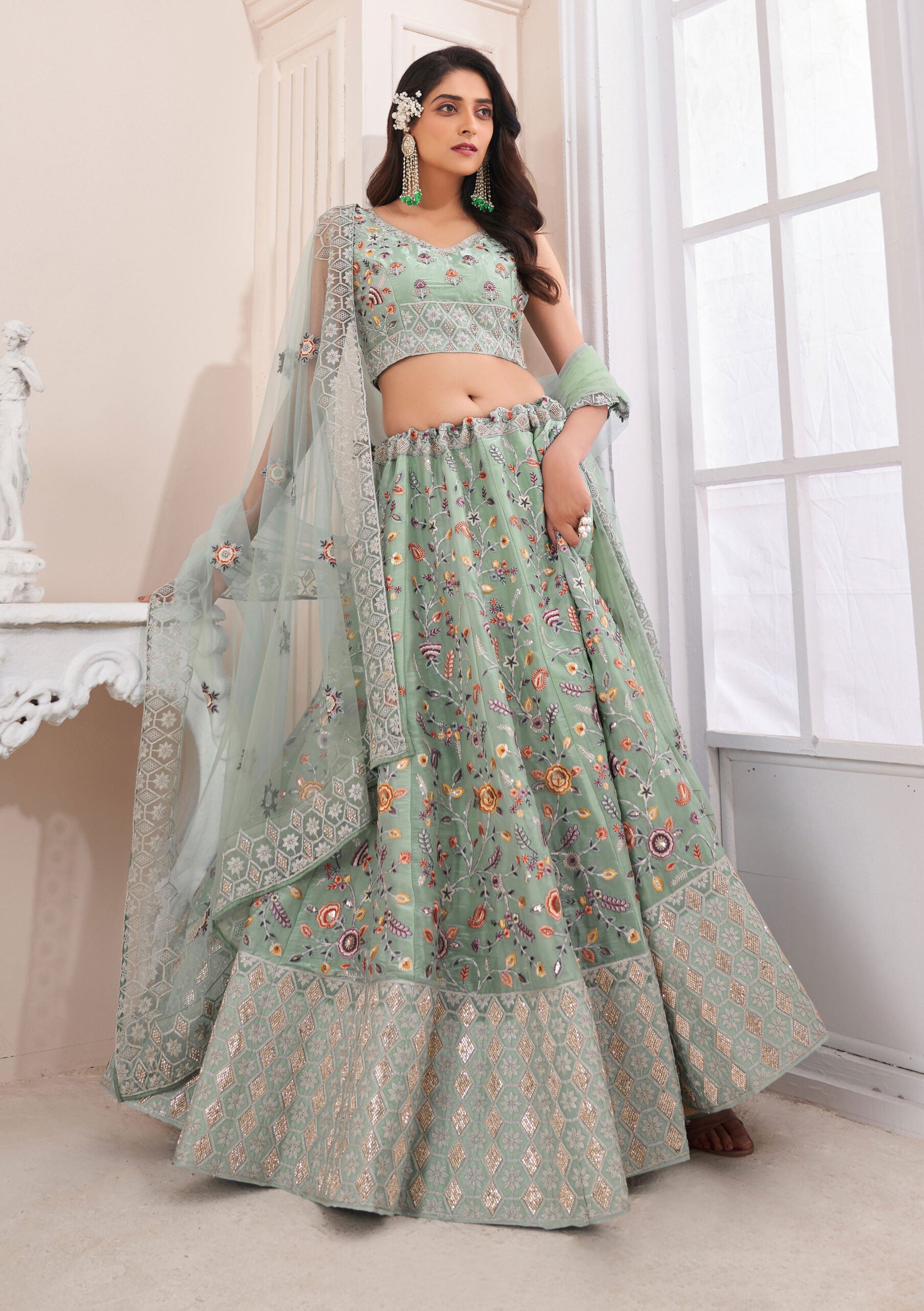 New Sea Green Art Silk Zarkhan Work Lehengha Choli